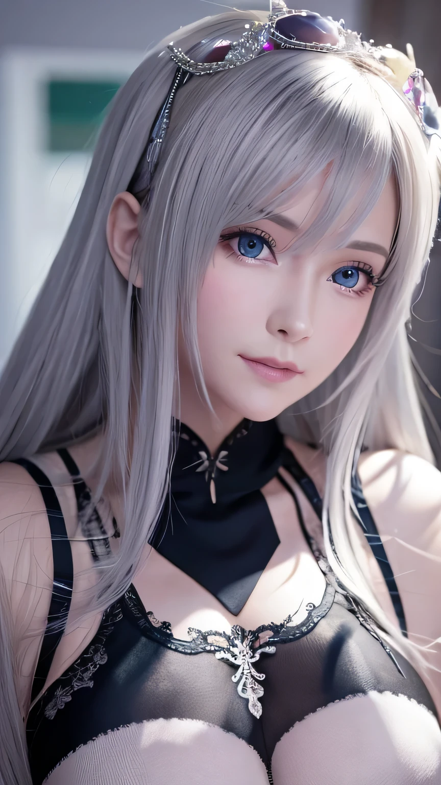 (Best quality, Ultra-detailed, photo-realistic:1.37), Silver-haired woman, (big breast:1.5), Fantastic blue eyes, smiling broadly, Soft lighting, pink apron, illustration, bangs, Flowing hair, Gentle breeze, Shiny hair, Thick egg whites, Close-up of black stockings, mitts, Gradient hair, folded ponytail, blue halo, Glowing eyes, Wide eyes, drunk, Anime style, shadowing, back lit lighting, macro photograph, Close-up, first person perspective, head out of frame, hyper HD, High details, Best quality
