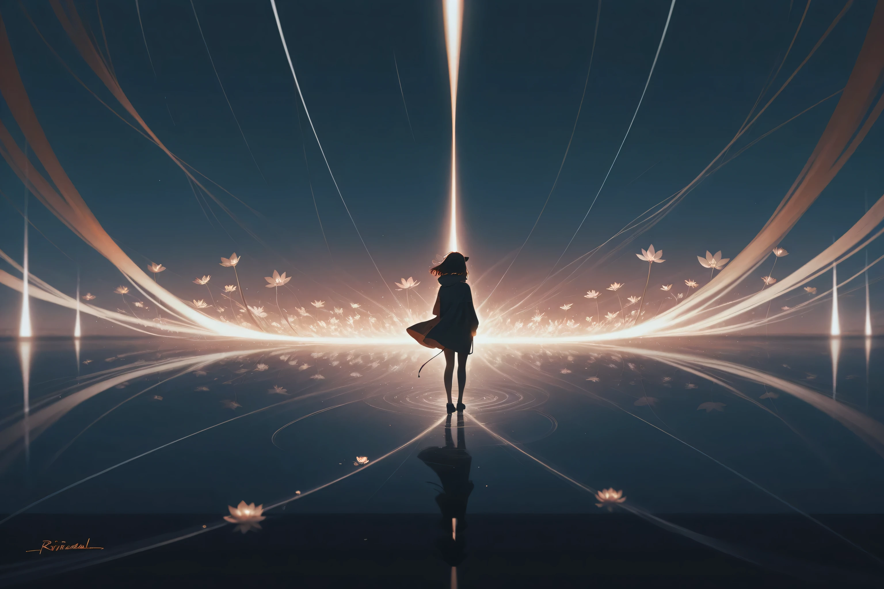 A silhouette of a person standing alone in a surreal, reflective space. Dramatic lighting with a bright vertical beam of light behind them. Ethereal lotus flowers floating in the air. Curved light streams creating a symmetrical tunnel effect. Dark teal and warm orange gradient sky. Minimalist composition with perfect reflection on wet floor. Cinematic atmosphere, digital art style. Ultra HD quality, detailed lighting effects.

Negative prompt: text, watermark, signature, blurry, noise, grain, distorted proportions
