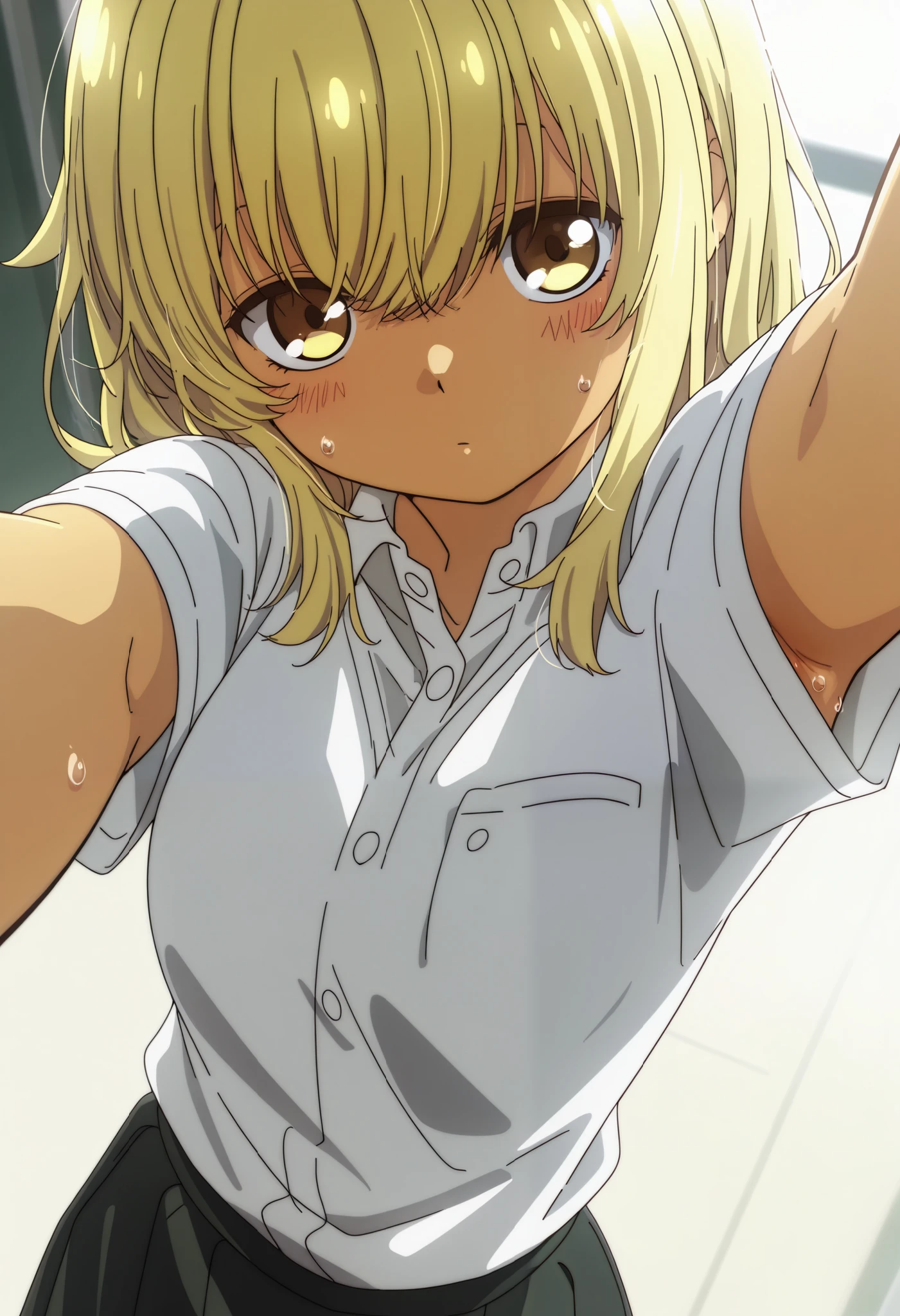 School uniform, short sleeve ,1girl, solo,from the viewer's perspective,Very cute,small breasts,, one woman , Original style, Very high quality, soft to the touch, beautiful,super detailed skin, high resolution, novel illustration, shiny skin,dynamic pose,defenseless, very sensual,higa kana, Blonde hair, tanned skin, sweat, His shirt is open, About to take it off, I can see the side, show one's side, armpit, selfie
