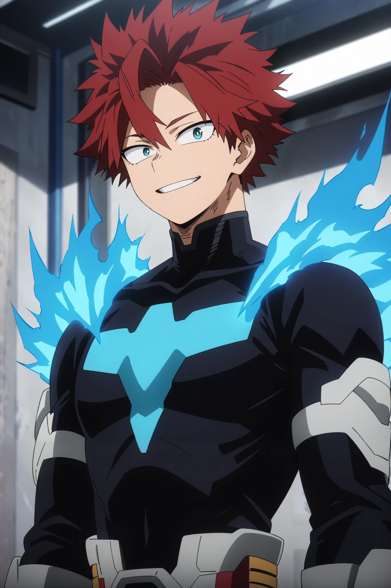 1boy, 21-years-old, 1man, ((MALE)). score_9, score_8_up, score_7_up, source_anime, highres, (masterpiece, best quality, (anime, anime coloring:1.3), 1boy, male, with matte red hair, slightly disheveled, turquoise eyes, dark blue hero costume, with blue flame glowing lines, blueflames on shoulders, white gauntlets, 21yo, smile, My Hero Academia art style, masterpiece, anatomically correct, high details, highres, best quality, super detail, 1080P.
Daytime, detailed anime lighting, colorfull.
As My Hero Academia character, MHA style, anime style, my hero academia, boku no hero academia, animated. Anime, Best Quality, Masterpiece, High Resolution, 4K, perfect body, perfect eyes, perfect eyes, Full Quality, colorfull, Looking at viewer, Anime, Anime Style, High Resolution.