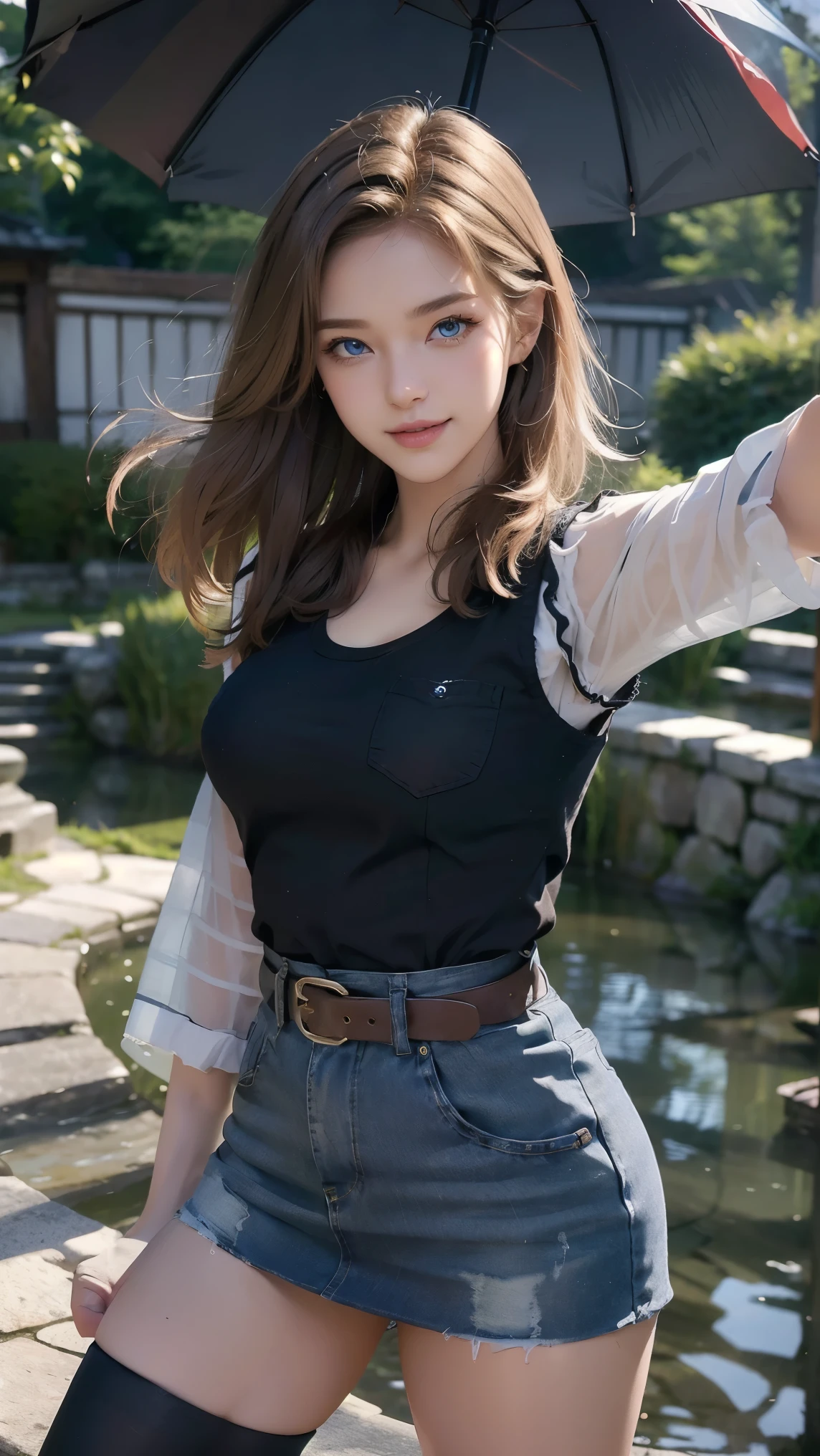 (Realistic: 1.3), Detailed, Quality, Rembrandt Lighting, (Masterpiece: 1.2), (Photorealistic: 1.2), (Best Quality), (Detailed Skin: 1.3), (Complex Detail), Dramatic, Ray Tracing, 1 Girl, 21 years old, Medium breasts, (Meadow, Sun, Clouds, Field, Agriculture, Starlight, Walking Path)