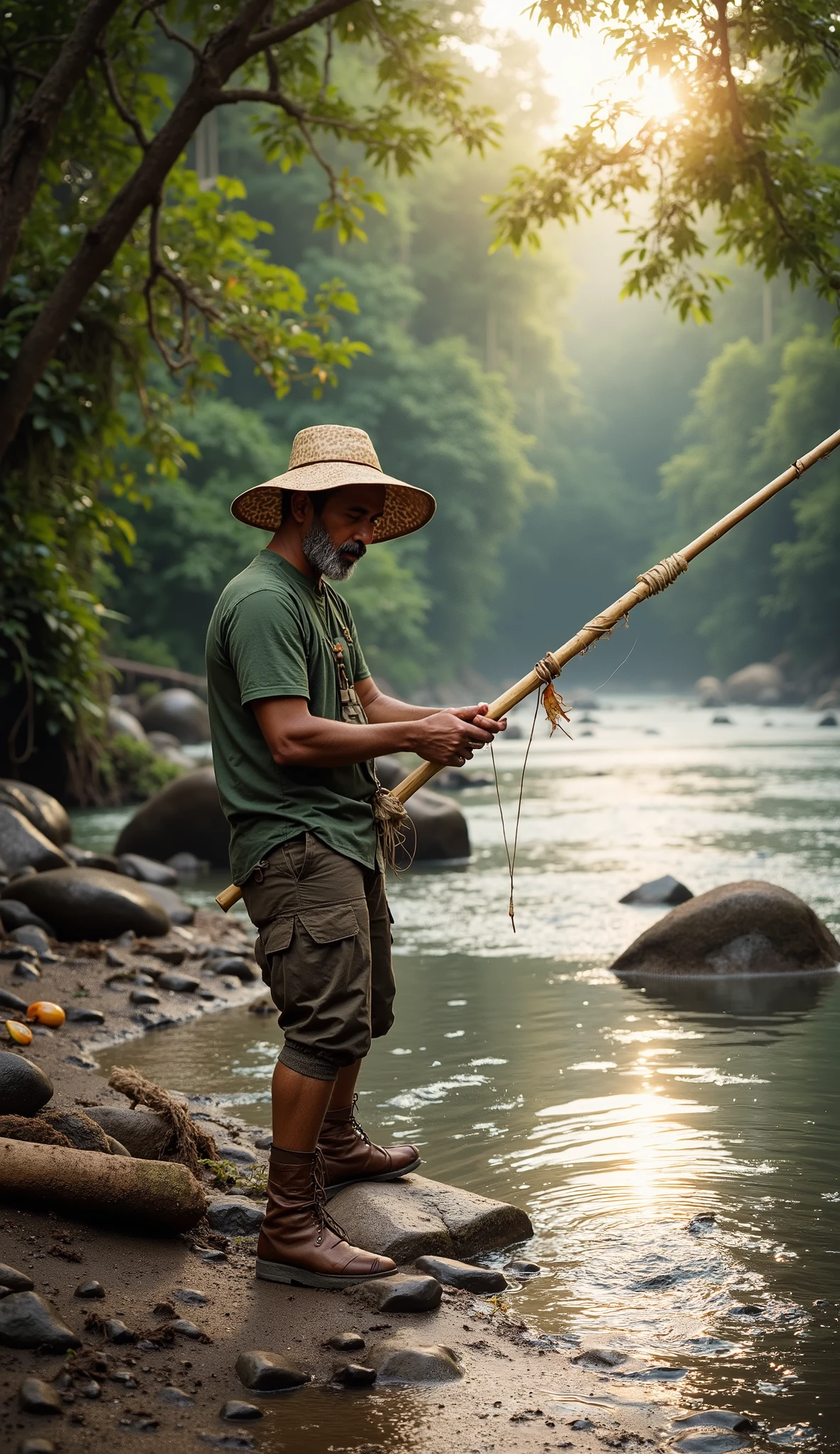 A realistic scene of a fisherman by a wild river in the dense rainforest of Papua, Indonesia. The fisherman is a middle-aged man with tan skin, short black hair, and a sturdy build. He wears a green short-sleeve shirt, cargo pants, and worn-out brown boots, complemented by a wide-brimmed straw hat. His hands carefully prepare a bamboo fishing rod with a traditional lure, exuding a sense of expertise. The riverbank is made of smooth rocks and patches of wet sand. The rainforest behind him is lush, filled with tall trees, hanging vines, and vibrant tropical plants. Soft morning sunlight filters through the dense canopy, casting golden highlights on the clear river water. The atmosphere is serene, with distant bird calls and the gentle sound of flowing water.