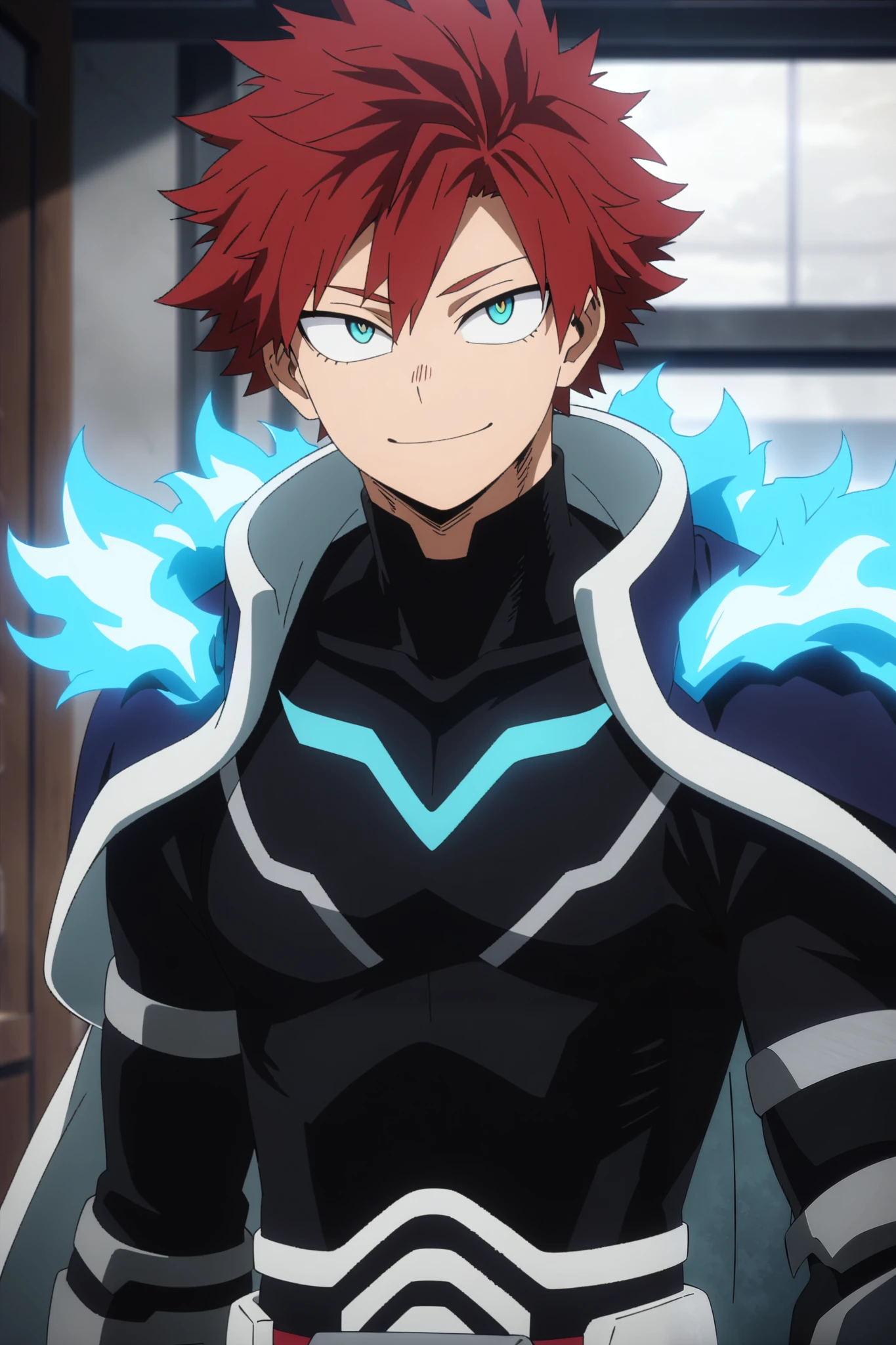 1boy, 21-years-old, 1man, ((MALE)). score_9, score_8_up, score_7_up, source_anime, highres, (masterpiece, best quality, (anime, anime coloring:1.3), 1boy, male, with matte red hair, slightly disheveled, turquoise eyes, dark blue hero costume, with blue flame glowing lines, blueflames on shoulders, white gauntlets, 21yo, smile, My Hero Academia art style, masterpiece, anatomically correct, high details, highres, best quality, super detail, 1080P.
Daytime, detailed anime lighting, colorfull.
As My Hero Academia character, MHA style, anime style, my hero academia, boku no hero academia, animated. Anime, Best Quality, Masterpiece, High Resolution, 4K, perfect body, perfect eyes, perfect eyes, Full Quality, colorfull, Looking at viewer, Anime, Anime Style, High Resolution.