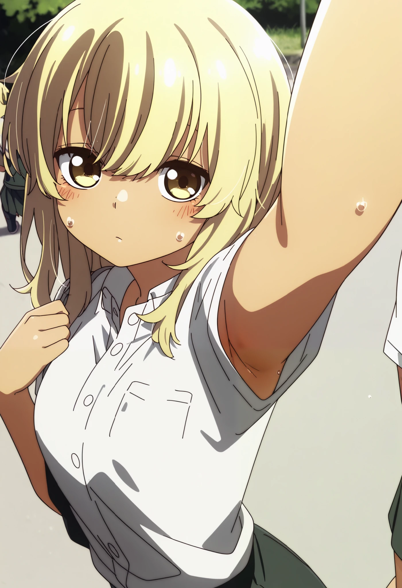 School uniform, short sleeve ,1girl, solo,from the viewer's perspective,Very cute,small breasts,, one woman , Original style, Very high quality, soft to the touch, beautiful,super detailed skin, high resolution, novel illustration, shiny skin,dynamic pose,defenseless, very sensual,higa kana, Blonde hair, tanned skin, sweat, His shirt is open, About to take it off, I can see the side, show one's side, armpit, selfie, outdoor