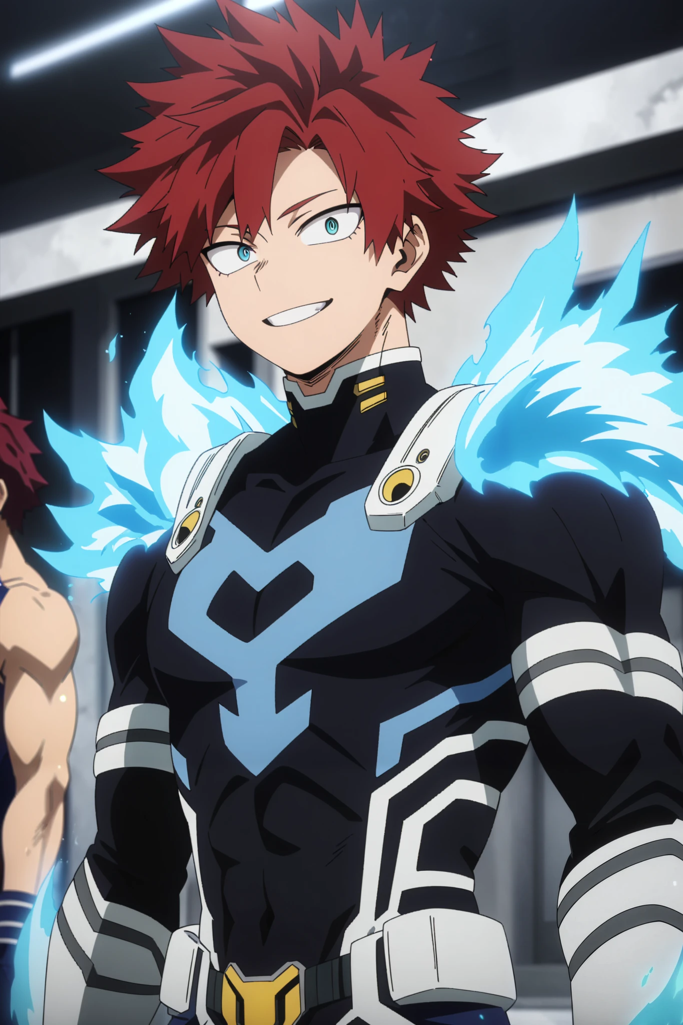 1boy, 21-years-old, 1man, ((MALE)). score_9, score_8_up, score_7_up, source_anime, highres, (masterpiece, best quality, (anime, anime coloring:1.3), 1boy, male, with matte red hair, slightly disheveled, turquoise eyes, muscular, dark blue hero costume, with blue flame glowing lines, blueflames on shoulders, white gauntlets, 21yo, smile, My Hero Academia art style, masterpiece, anatomically correct, high details, highres, best quality, super detail, 1080P.

Daytime, detailed anime lighting, colorfull.

As My Hero Academia character, MHA style, anime style, my hero academia, boku no hero academia, animated. Anime, Best Quality, Masterpiece, High Resolution, 4K, perfect body, perfect eyes, perfect eyes, Full Quality, colorfull, Looking at viewer, Anime, Anime Style, High Resolution.