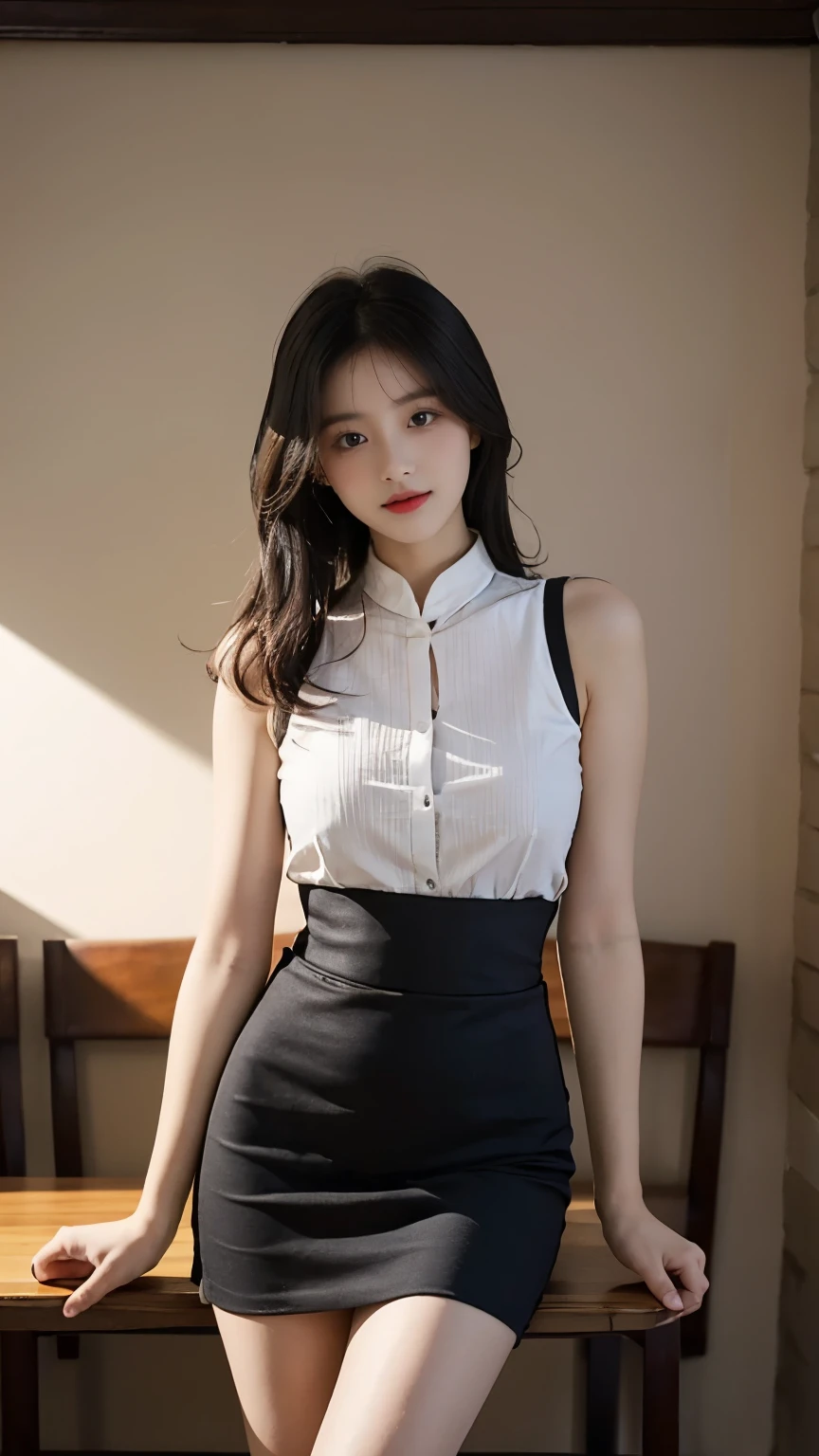 1 Girl,Leaning on the table,Soft Light,Chinese Beauty, Tight suspenders,Hip skirt,Dark-haired,Length of hair
