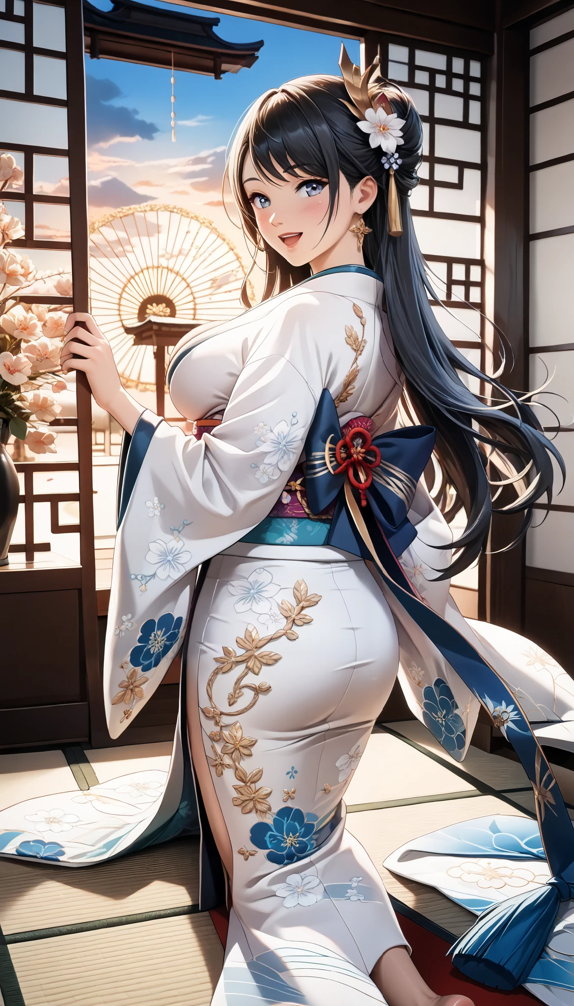 (Beautiful model in Japanese kimono commercial, beautiful straight long black hair), alone, ((face is 80% beauty and elegance, 20% pretty and cute:1.5)), clear eyes, (fine eyes, light green eyes, bright pupils), double eyelid, (Slightly thick and sexy lips:1.2), ((Super detailed and incredibly high resolution Deep-white Kimono:1.2)), Highly detailed facial texture, impressive body shape, curvaceous and very attractive woman, High resolution RAW color photography professional photography, break ultra high-resolution textures, High resolution body rendering, Big eyes, an unparalleled masterpiece, incredible high resolution, Super detailed, stunning ceramic skin, break ((Turn around to show the pattern of the kimono:1.5)), ((She wears a white kimono with plenty of glittering gold embroidery of a rising dragon.。:1.5)), ((The embroidery of the rising dragon on the white kimono is very dazzling.:1.2)), (A carefully crafted sensual Japanese kimono), ((The embroidery pattern is a dragon rising to the sky.):1.2), ((White kimono with elaborate and elegant decorations)), (Photographed in front of the round sliding sliding window in a Japanese-style room)), break ((highest quality, 8K)), sharp focus:1.2, (layer cut, big:1.2), (beautiful woman with perfect figure:1.4), (Beautiful and elegant rear view:1.3), thin waist, (correct hand shape:1.5), (full body shot | cowboy shot)