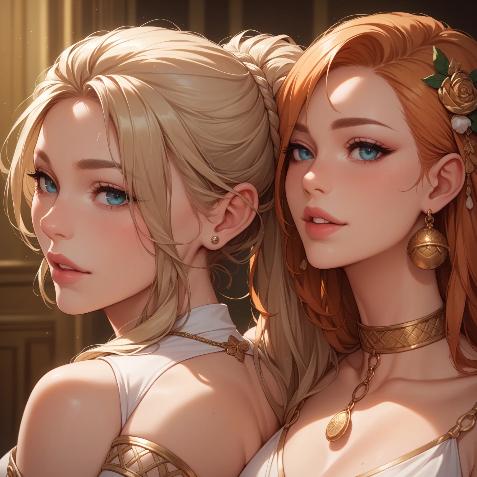 anime,2girls, twins, pov,masterpiece, high quality,High resolution,HD,4K,8K,high quality,portrait,simple background, blonde hairs, long hairs, stylish braids, red lips, sky blue sparkling almond shaped eyes, spacious cyan ancient robes, full body, Independently deformed breasts,viscous paint,oily skin,Slimy Cleavage,(Cleavage Bulge,deformed to flat breasts:1.4),(big breasts:1.2), Compressed chest