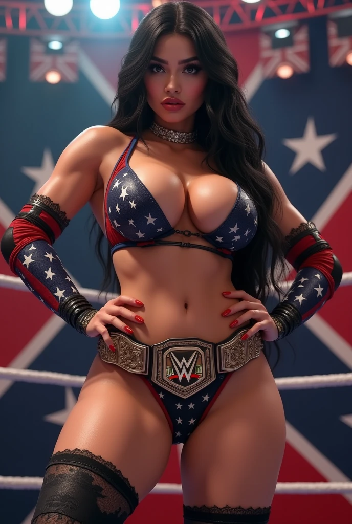 Sexy beautiful wrestler diva busty big tits huge boobs perky fake tits bubble booty black hair glossy lingerie with the American flag colors full lips in a ring with logo wwe championship belt. knee pads, elbow pads. ????? with big silicone boobs lips and ass, slim waist. cowboy shot, masterpiece, detailed, Ultra realistic image, realistic photo, HD, highest quality, 8k, 16k