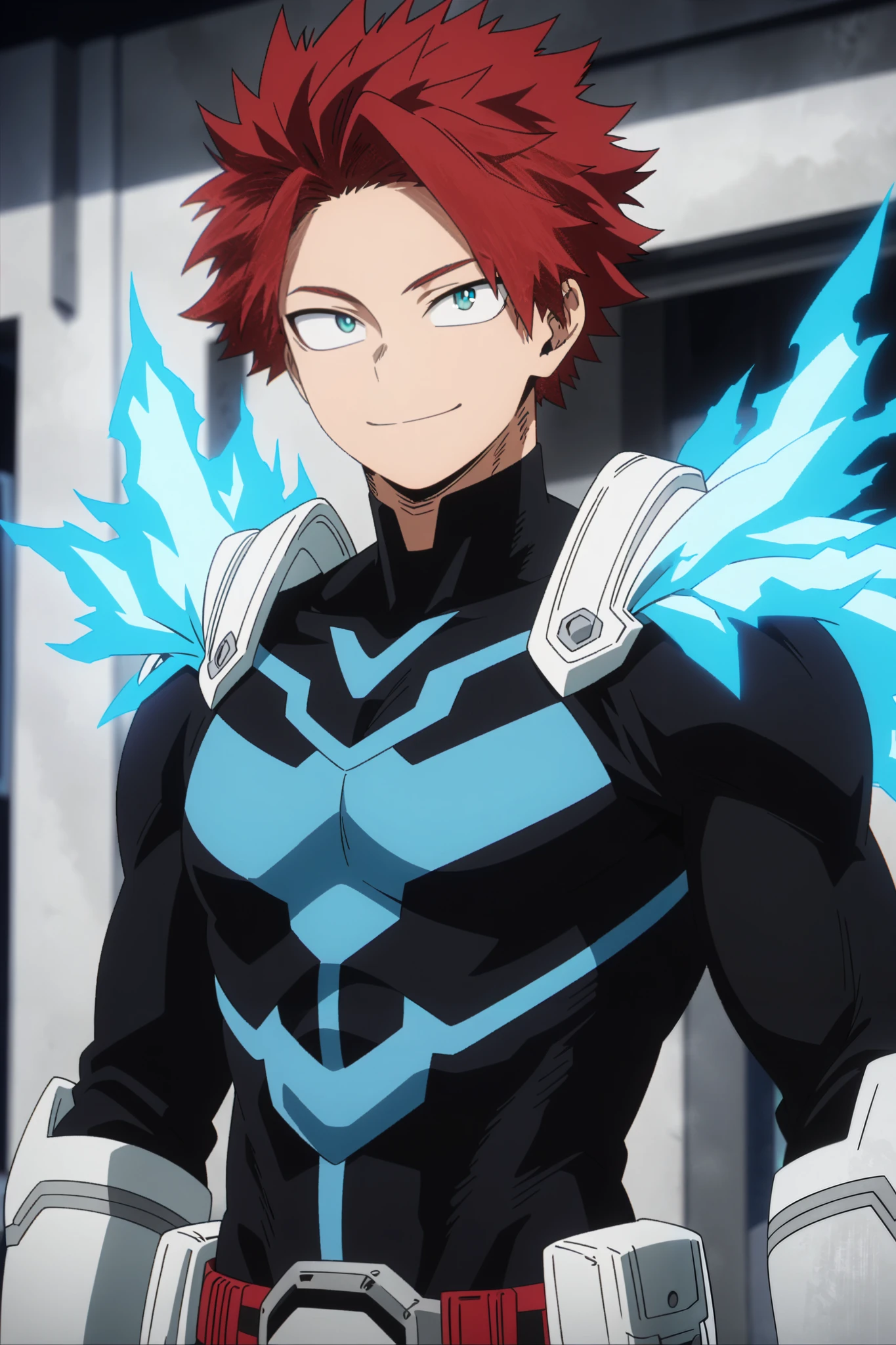 1man, 21-years-old, masculine, ((MALE)). score_9, score_8_up, score_7_up, source_anime, highres, (masterpiece, best quality, (anime, anime coloring:1.3), 1man, male, with matte red hair, slightly disheveled, turquoise eyes, muscular, dark blue hero costume, with blue flame glowing lines, blueflames on shoulders, white gauntlets, 21yo, smile, My Hero Academia art style, masterpiece, anatomically correct, high details, highres, best quality, super detail, 1080P.
Daytime, detailed anime lighting, colorfull.
As My Hero Academia character, MHA style, anime style, my hero academia, boku no hero academia, animated. Anime, Best Quality, Masterpiece, High Resolution, 4K, perfect body, perfect eyes, perfect eyes, Full Quality, colorfull, Looking at viewer, Anime, Anime Style, High Resolution.