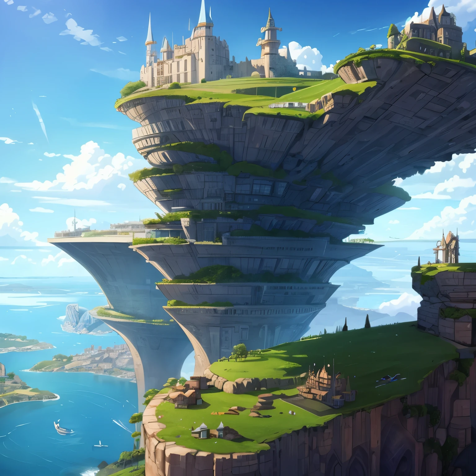 Future Aerial City ,rest,Sea of clouds ,airship, World of Soratrobo , Laughter in the Sky ,Artillery Corps , Water is flowing out {x} Fusion with Fantasy, Castle in the Sky , magic , i doubt it, see-through,