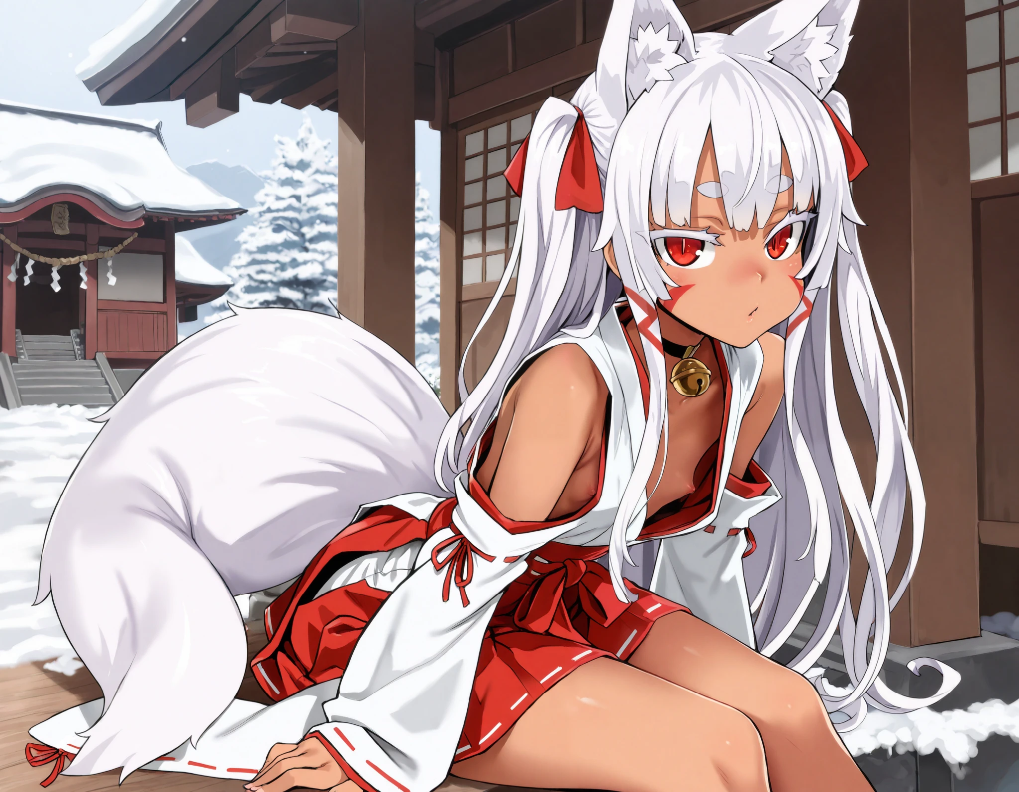 (best quality, highest quality:1.2), masterpiece, Ultra-high resolution, rich contrasts, HD, 8k, fine skin, no makeup, ideal ratio body proportions,
1girl, anime girls, asanagi style, mesugaki, dark skin, tan, red eye, slit pupils, ((white fox ear, white fox tails)), wind roll up skirt, snow background, Feeling cold,
very long two side up, white Hair, thick eyebrows, red highlights hair, Hair ribbon bell, bell choker, bimbo, ((dim body)), flat_chest, (facial mark),
nontraditional miko, bare shoulders, miko, red obi sash, red short skirt, skirt cutout, shirt in, downblouse,
looking at viewer, lewd, cute, big eyes, ero, ecchi, Sitting with Knees Up,
Score_9,Score_8,score_7_up,source_anime, rating_questionable, shrine, outdoor,