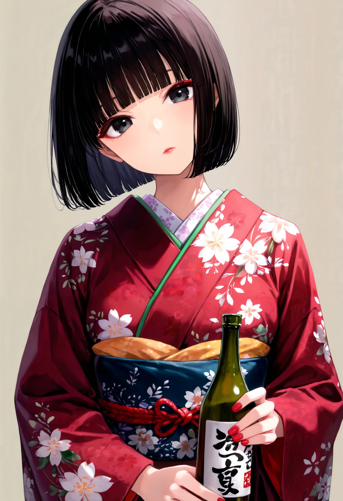 score_9, score_8_up, score_7_up, (1girl, solo), (upper body, looking at viewer), (black short hair, bob cut, blunt bangs), black eyes, (Japanese clothes, kimono, floral print, sash, long sleeves, obi), head tilt, holding Japanese SAKE bottle, (nail polish, red nails), (simple background, grey background)