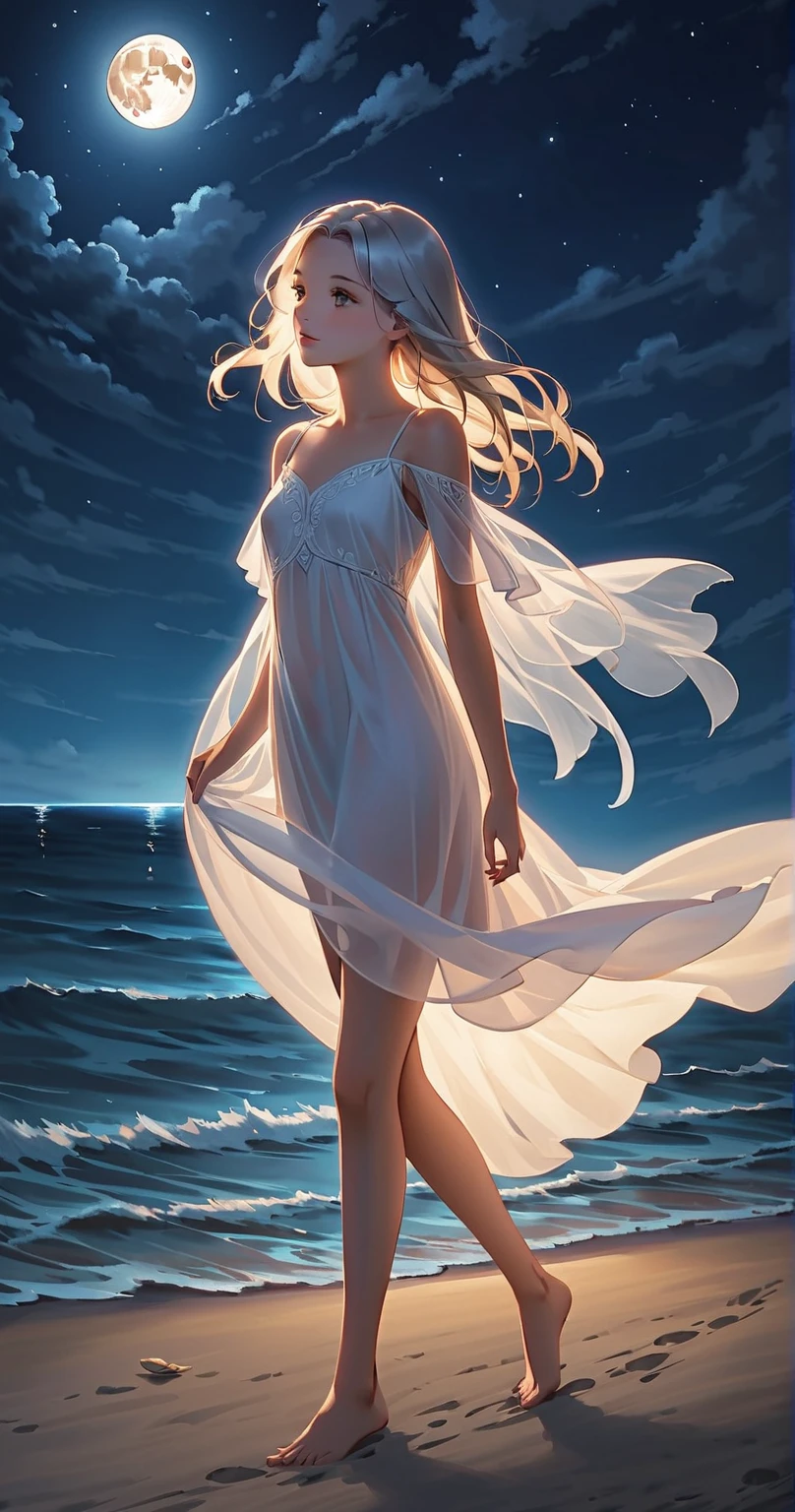 breathtaking 1girl, standing on shallow water, dark moonless sky background, dress hems floating gently on the surface of the water, glowing body, in dark, neon lamp gemshadow celestial maiden robe , masterpiece, award-winning, professional, highly detailed,