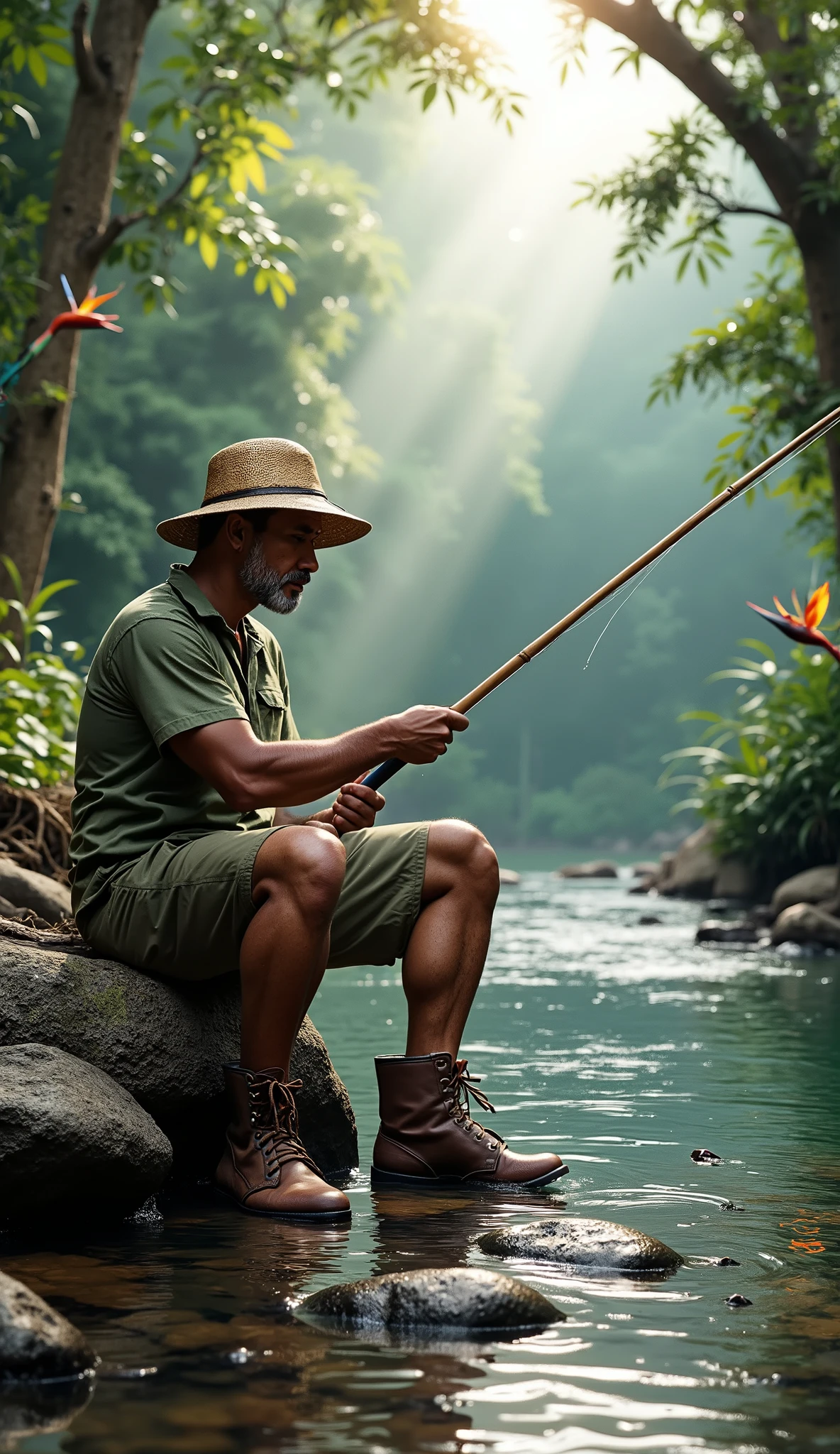 A realistic scene of a fisherman sitting on a flat rock by a wild river in Papua's rainforest. The fisherman, a middle-aged man with tan skin, short black hair, and a muscular build, wears the same green shirt, cargo pants, and brown boots. His wide-brimmed straw hat shades his face as he holds the bamboo fishing rod, gazing intently at the water. Beads of sweat glisten on his forehead under the humid jungle air. The river flows gently, revealing smooth rocks beneath its crystal-clear surface. Around him, the rainforest thrives with dense foliage, colorful flowers, and birds of paradise perched on tree branches. Rays of sunlight pierce through the treetops, illuminating the tranquil scene. The fisherman remains calm yet focused, blending seamlessly with the natural beauty of his surroundings.