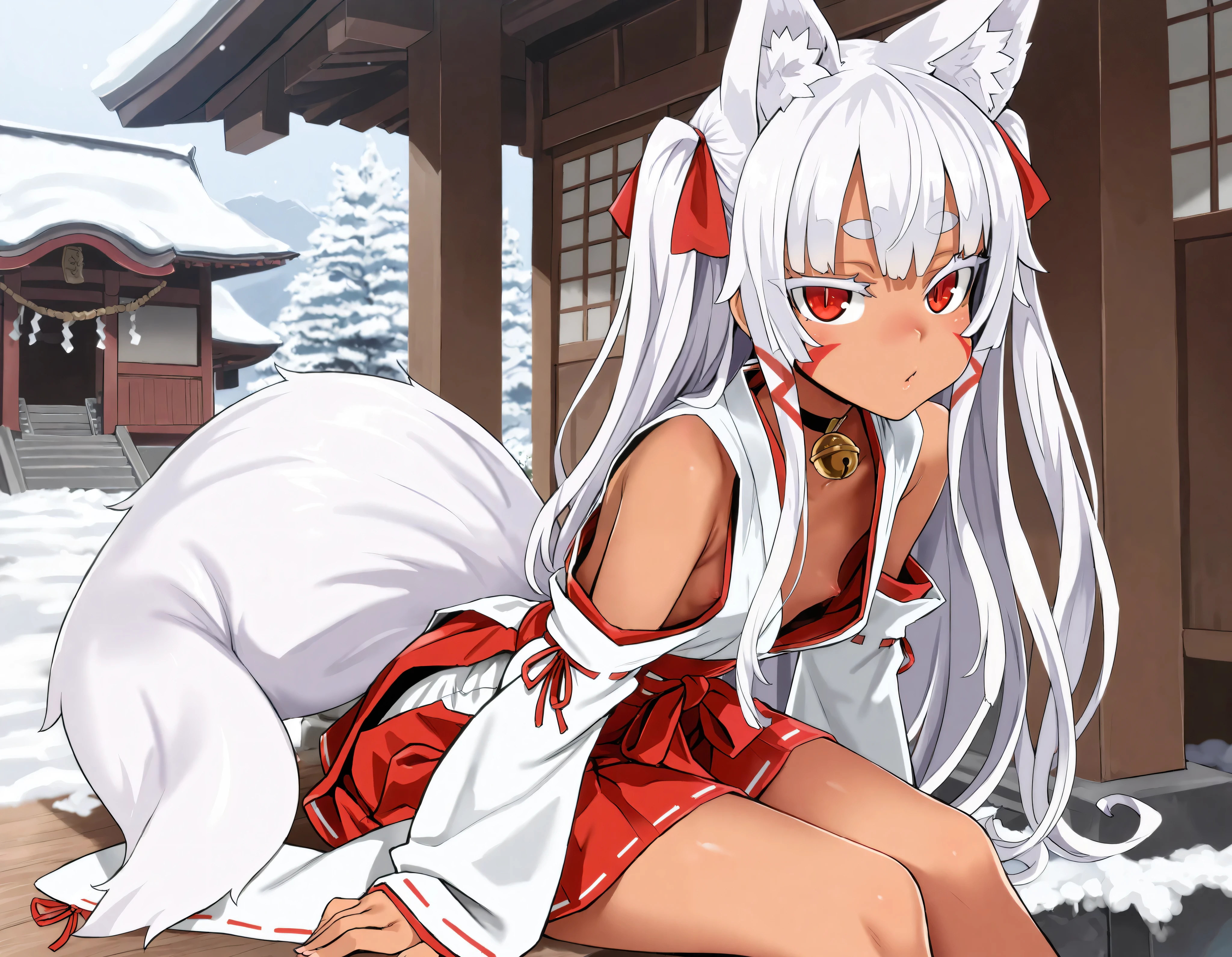 (best quality, highest quality:1.2), masterpiece, Ultra-high resolution, rich contrasts, HD, 8k, fine skin, no makeup, ideal ratio body proportions,
1girl, anime girls, asanagi style, mesugaki, dark skin, tan, red eye, slit pupils, ((white fox ear, white fox tails)), wind roll up skirt, snow background, Feeling cold,
very long two side up, white Hair, thick eyebrows, red highlights hair, Hair ribbon bell, bell choker, bimbo, ((dim body)), flat_chest, (facial mark),
nontraditional miko, bare shoulders, miko, red obi sash, red short skirt, skirt cutout, shirt in, downblouse,
looking at viewer, lewd, cute, big eyes, ero, ecchi, Sitting with Knees Up,
Score_9,Score_8,score_7_up,source_anime, rating_questionable, shrine, outdoor,
