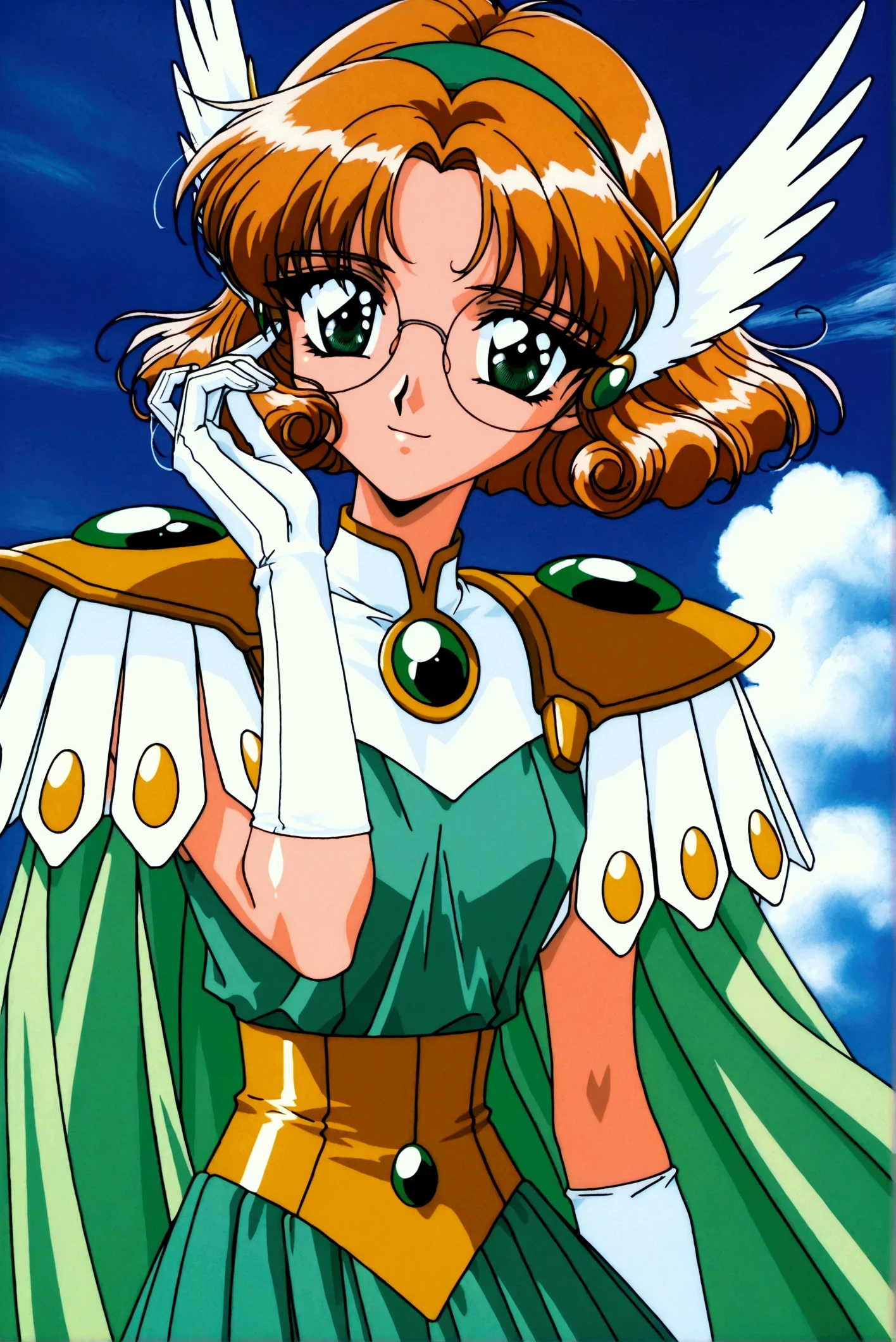 (masterpiece,highest quality,Super detailed,8k,High resolution,an extremely delicate and beautiful,Official Art,Perfect Anatomy:1.5),((1990s \(style\),90s anime,90s anime style,retro artstyle,Cel-shaded anime,anime screencap,anime coloring:1.25)),(solo:1.5),perfect face,beautiful,sexy,athletic body,shiny skin,(scale to fit the dimensions:1.2), smile, glasses,
AEFuuFinal,green eyes,light brown hair,curly hair,parted bangs,short hair,green hairband,hair ornament,head wings,wing hair ornament,armored dress,green cape,elbow gloves,gem,green dress,green gemstone,pauldrons,sleeveless,white gloves,white footwear,((dynamic pose ,blue sky:1.5)),
