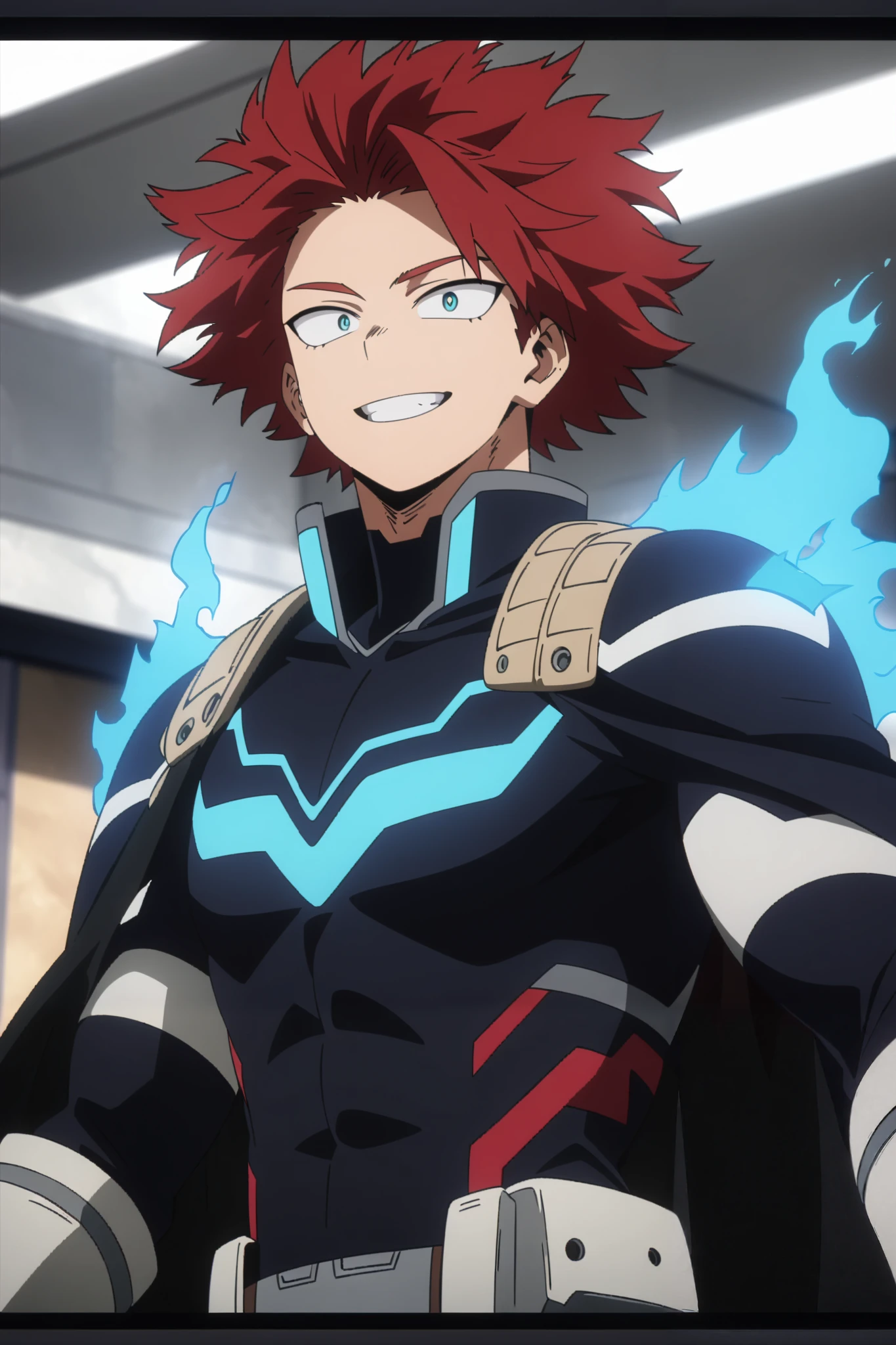 1man, 21-years-old, masculine, ((MALE)). score_9, score_8_up, score_7_up, source_anime, highres, (masterpiece, best quality, (anime, anime coloring:1.3), 1man, male, with matte red hair, slightly disheveled, turquoise eyes, muscular, dark blue hero costume, with blue flame glowing lines, blueflames on shoulders, white gauntlets, 21yo, smile, My Hero Academia art style, masterpiece, anatomically correct, high details, highres, best quality, super detail, 1080P.
Daytime, detailed anime lighting, colorfull.
As My Hero Academia character, MHA style, anime style, my hero academia, boku no hero academia, animated. Anime, Best Quality, Masterpiece, High Resolution, 4K, perfect body, perfect eyes, perfect eyes, Full Quality, colorfull, Looking at viewer, Anime, Anime Style, High Resolution.