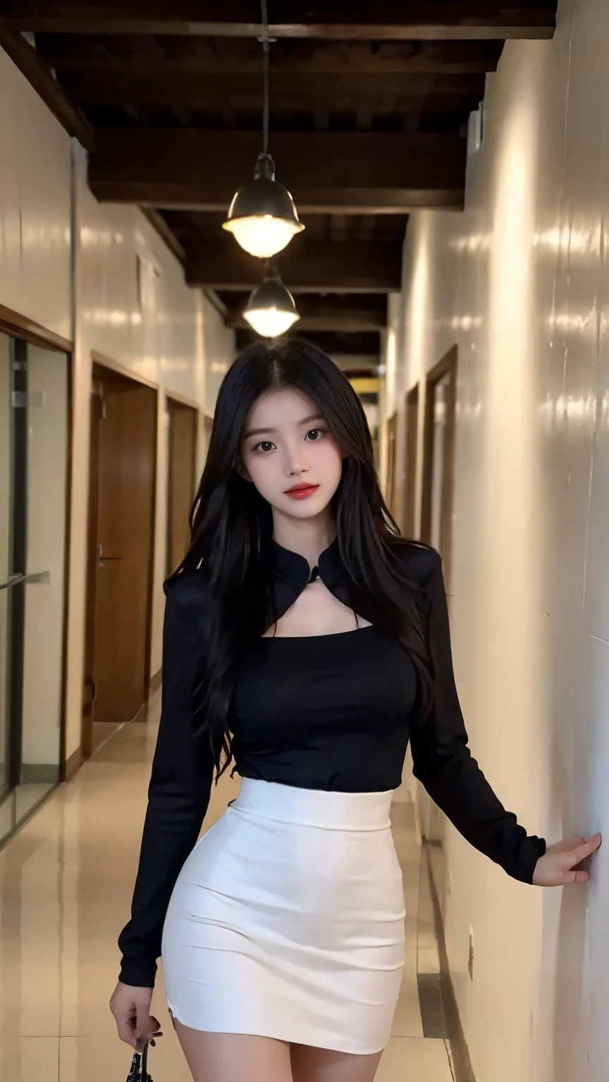 (1 Korean star with royal sister style), ((Best quality, 8K, 巨作: 1.3)), focal point: 1.2, Perfect body proportions: 1.4, (Make a smile), (Ray traching),Watery eyes, Highly Detailed Face and Skin Textur, Fine eyes, Double eyelids, Whitens the skin, (Black long straight: 1.3), (face round: 1.5), (JK school uniform: 1.4), (Lace view: 1.6),(Black over-the-knee stockings: 1.4),(J College style:1.4),(Extremely perfect legs),(Cat's ear decoration:1.3)