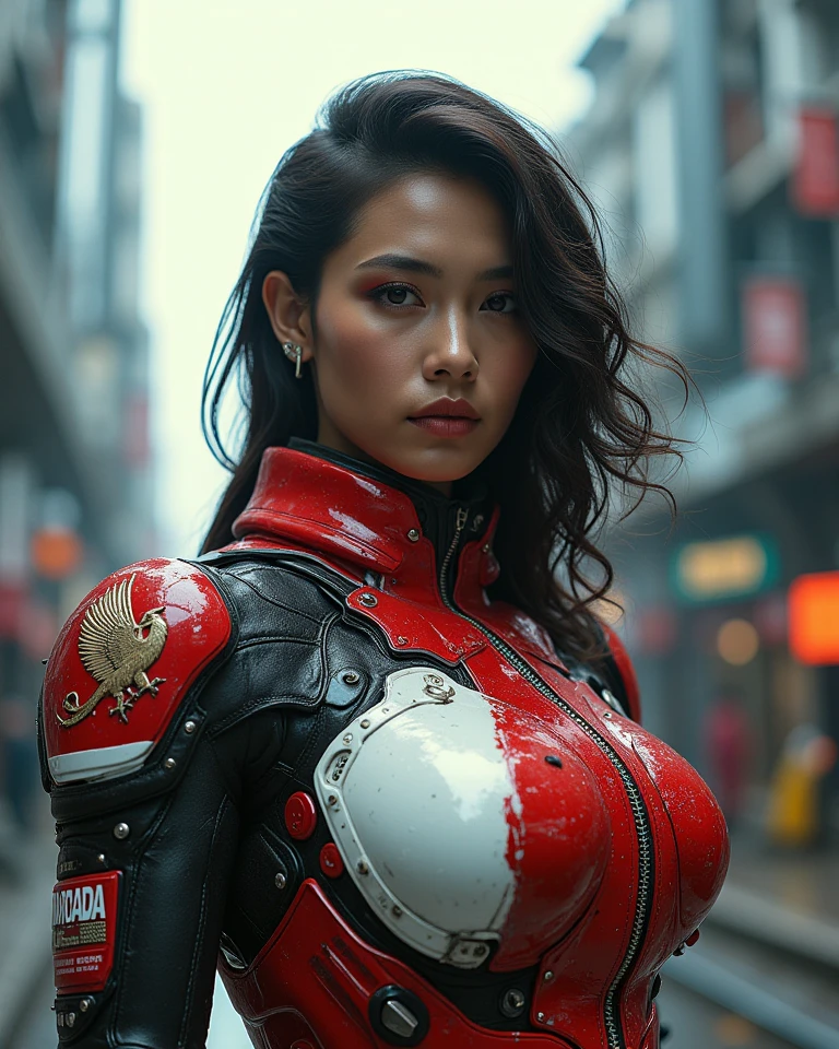 A still from a film showing a female mech pilot standing in front of her (Large combat mech:1.3), Sci-Fi Armor, military base, Strong winds, Sci-fi helmet in hand, visor, Detailed eyes, dry skin, Skin fuzz, Visible skin hair, Skin blemishes ,, Shallow depth of field, Vignette, Very detailed, big budget hollywood movie, Bokeh, CinemaScope, Sulky, amazing, nice, Film Grain