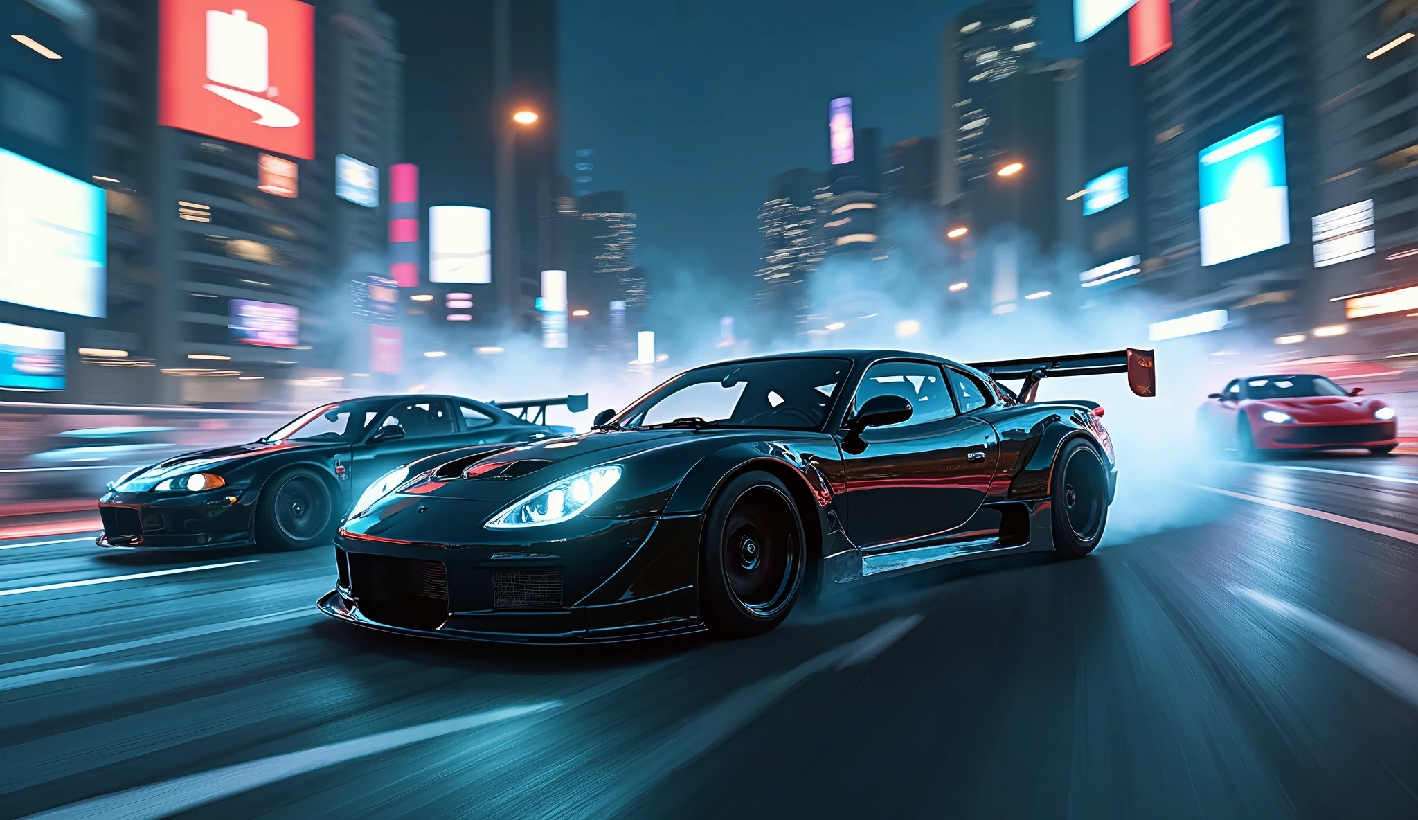 Cars driving on a city street at night with a lot of lights - SeaArt AI