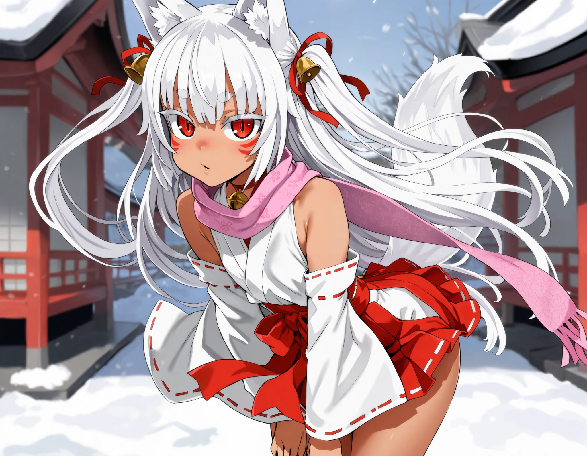 (best quality, highest quality:1.2), masterpiece, Ultra-high resolution, rich contrasts, HD, 8k, fine skin, no makeup, ideal ratio body proportions,
1girl, anime girls, asanagi style, mesugaki, dark skin, tan, red eye, slit pupils, ((white fox ear, white fox tails)), ((wind roll up skirt)), snow background, Feeling cold,
very long two side up, white Hair, thick eyebrows, red highlights hair, Hair ribbon bell, bell choker, scarf, bimbo, ((dim body)), flat_chest, (facial mark),
nontraditional miko, bare shoulders, miko, red obi sash, red short skirt, skirt cutout, shirt in,
looking at viewer, lewd, cute, big eyes, ero, ecchi, stanings, 
Score_9,Score_8,score_7_up,source_anime, rating_questionable, shrine, outdoor,
