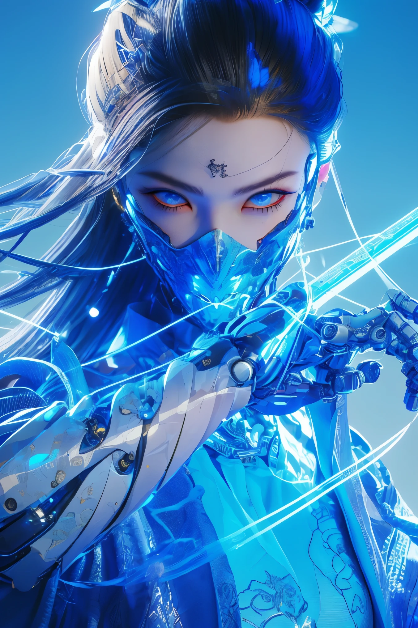 colorful, neon lights, pink, babylow, silver, white, Cyberpunk beauty ,1boy, artist name ,silver hair, covered mouth ,cyberpunk ,cyborg ,electricity, face ,forehead, glowing ,glowing eyes, holding, holding weapon, hologram ,light particles, looking at viewer ,magic, magic circle ,solo, sword ,weapon ,mask, cyberpunk, 3d, neon light, Bagua ,Tai Chi ,future technology ,glow, glow effect ,high detail ,best quality, Tang Dynasty clothing, hanfu