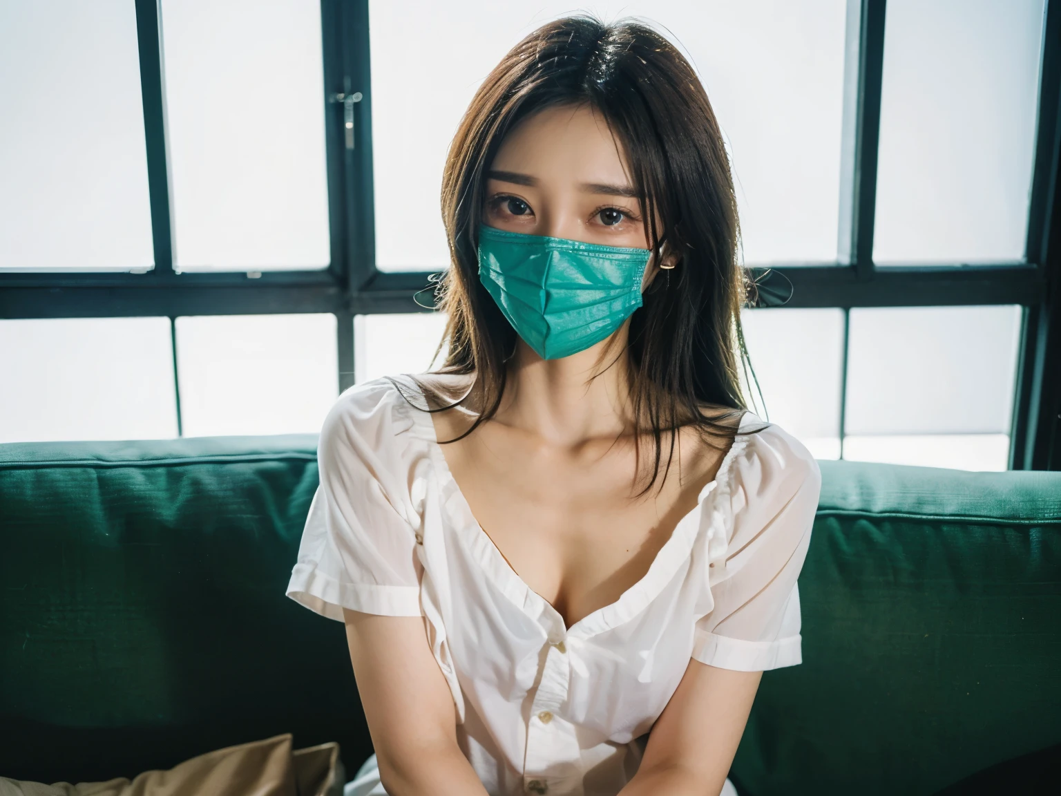 medium shot,living room, japanese lady, pale skin, droopy eyes, 20 year old, bowl cut hair, ((white t-shirts,lowrise blue denim shorts)), ((sitting on the sofa)), high quality:1.3, shoot from below, Professional lighting:2.0 realistic:1.2, 4k resolution, detailed skin, masterpiece:1.1,smile,(tanned skin:1.3),(sunburn tanlines:1.3),(athlete:1.2),(no bra:1.3),(braless),((wearing white mask)),(model pose),(mask_pull:1.2),