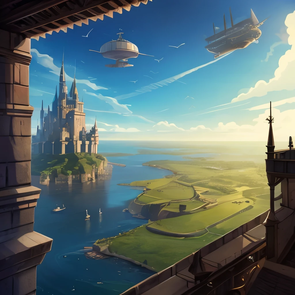 Future Aerial City ,rest,Sea of clouds ,airship, World of Soratrobo , Laughter in the Sky ,Artillery Corps , Water is flowing out {x} Fusion with Fantasy, Castle in the Sky , magic , i doubt it, see-through, steampunk
