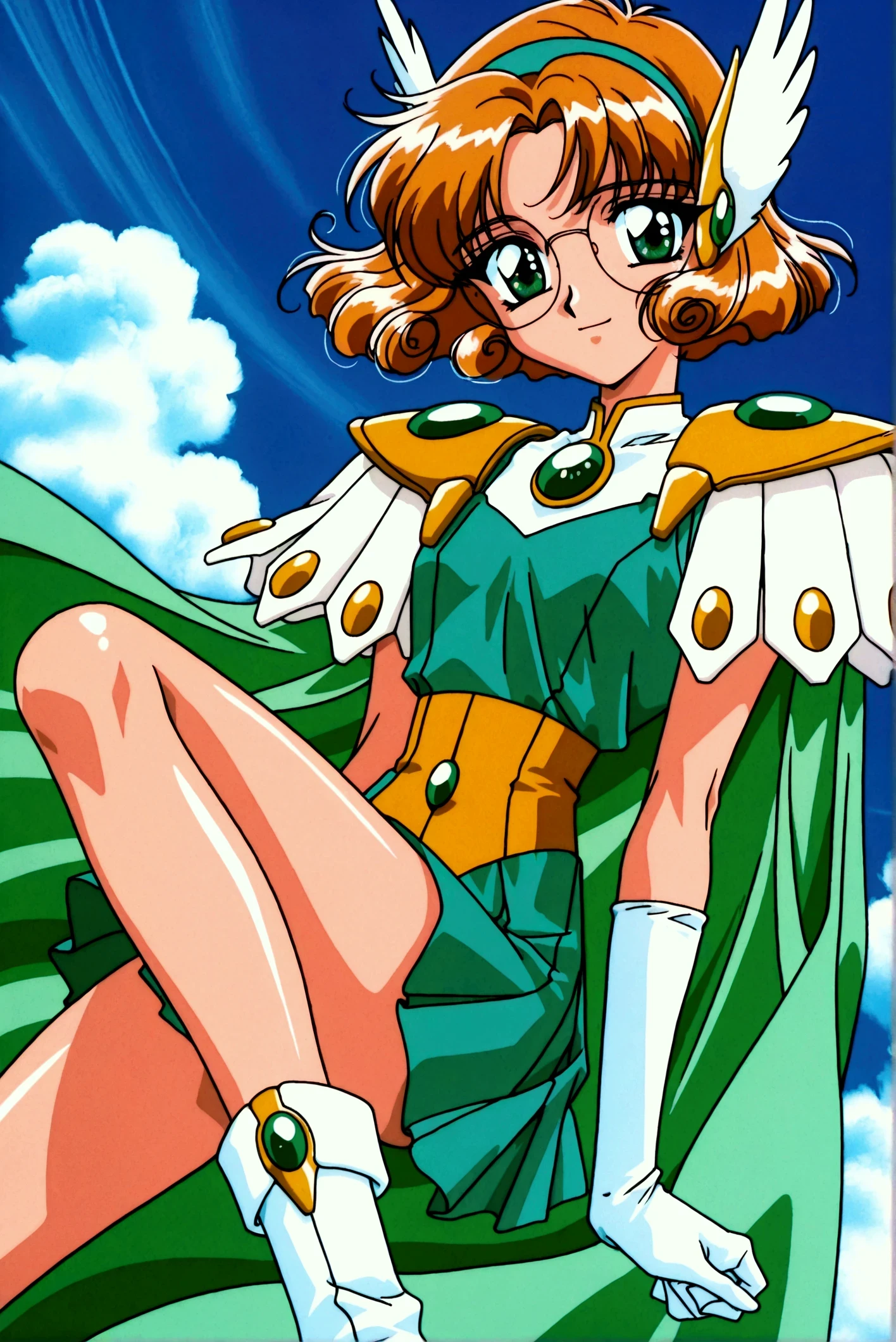 (masterpiece,highest quality,Super detailed,8k,High resolution,an extremely delicate and beautiful,Official Art,Perfect Anatomy:1.5),((1990s \(style\),90s anime,90s anime style,retro artstyle,Cel-shaded anime,anime screencap,anime coloring:1.25)),(solo:1.5),perfect face,beautiful,sexy,athletic body,shiny skin,(scale to fit the dimensions:1.2), smile, glasses,
AEFuuFinal,green eyes,light brown hair,curly hair,parted bangs,short hair,green hairband,hair ornament,head wings,wing hair ornament,armored dress,green cape,elbow gloves,gem,green dress,green gemstone,pauldrons,sleeveless,white gloves,white footwear,((dynamic pose ,blue sky:1.5)),