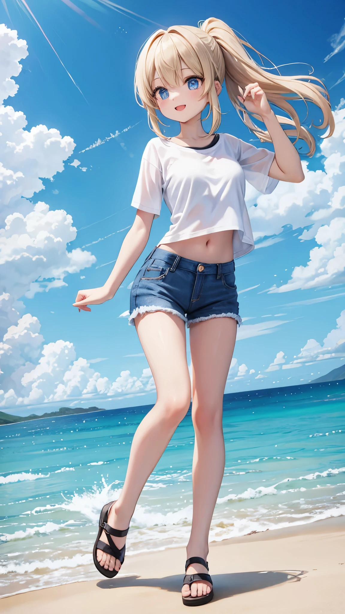 1fille, look d’été blanc transparent, short en jean, chapeau de paille, pieds nus, cheveux blond, yeux bleus, tout le corps, Style-Pétale, fond d'arbres, journée ensoleillée, yeux parfaits, des mains parfaites, ultra haute résolution, angle cinématographique, éclairage professionnel, meilleure qualité, partie maîtresse, éclairage latéral, pointu, mise au point parfaite, bokeh, photoréaliste, (de beaux yeux finement détaillés: 1.3), réaliste, (Visage 3D:1.1), (Peau brillante:1.5), (détails du visage complexes en ultra haute résolution), (pores de la peau du visage:1.3), texture de tissu ultra haute résolution, Détails des yeux 8k, 8 000 étudiants,