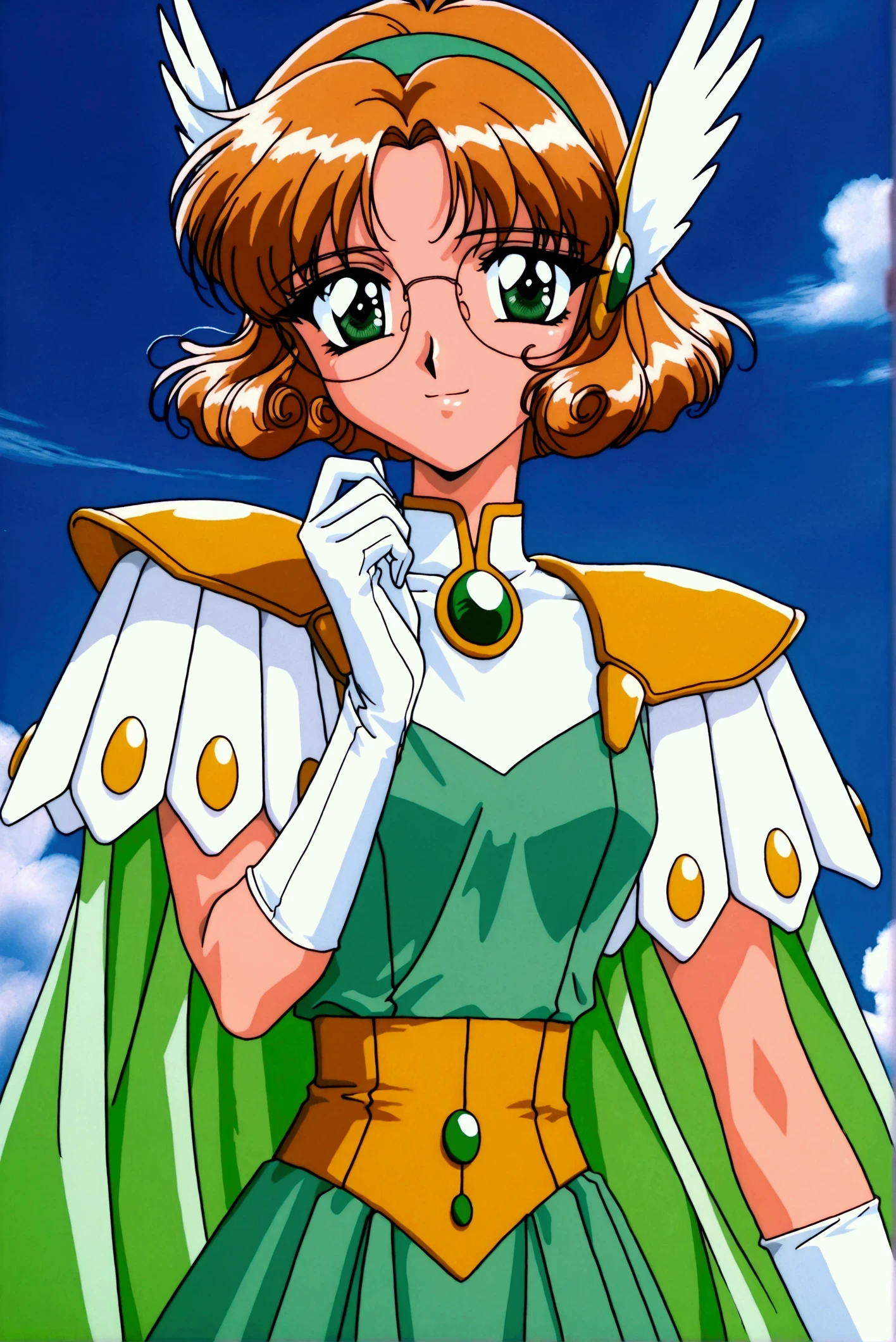 (masterpiece,highest quality,Super detailed,8k,High resolution,an extremely delicate and beautiful,Official Art,Perfect Anatomy:1.5),((1990s \(style\),90s anime,90s anime style,retro artstyle,Cel-shaded anime,anime screencap,anime coloring:1.25)),(solo:1.5),perfect face,beautiful,sexy,athletic body,shiny skin,(scale to fit the dimensions:1.2), smile, glasses,
AEFuuFinal,green eyes,light brown hair,curly hair,parted bangs,short hair,green hairband,hair ornament,head wings,wing hair ornament,armored dress,green cape,elbow gloves,gem,green dress,green gemstone,pauldrons,sleeveless,white gloves,white footwear,((dynamic pose ,blue sky:1.5)),