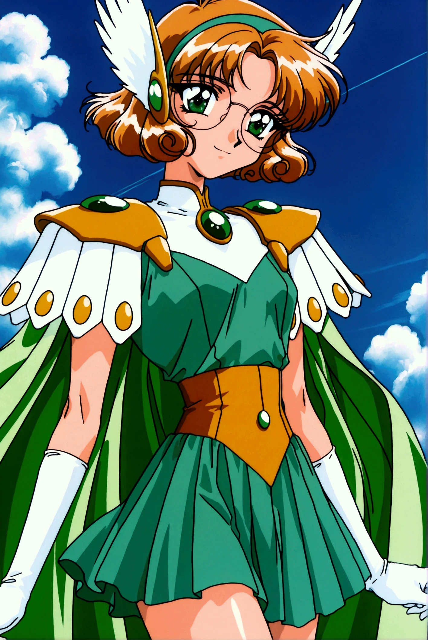 (masterpiece,highest quality,Super detailed,8k,High resolution,an extremely delicate and beautiful,Official Art,Perfect Anatomy:1.5),((1990s \(style\),90s anime,90s anime style,retro artstyle,Cel-shaded anime,anime screencap,anime coloring:1.25)),(solo:1.5),perfect face,beautiful,sexy,athletic body,shiny skin,(scale to fit the dimensions:1.2), smile, glasses,
AEFuuFinal,green eyes,light brown hair,curly hair,parted bangs,short hair,green hairband,hair ornament,head wings,wing hair ornament,armored dress,green cape,elbow gloves,gem,green dress,green gemstone,pauldrons,sleeveless,white gloves,white footwear,((dynamic pose ,blue sky:1.5)),