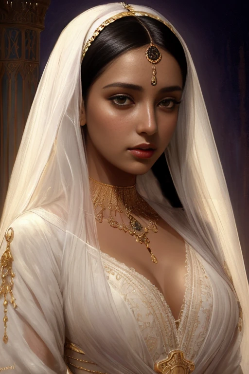 beautiful facial features, colorful Indian bride, intense makeup, realistic skin texture, hyper-detailed facial expressions, vibrant colors, sharp focus, transparent and flowing veil, elegant poses, luxurious and elaborate decorations, blooming flowers in the background, sparkling gemstones, graceful and artistic ambiance, intricate silhouettes, high-end presentation, exotic landscape, symmetrical designs, beautiful saturation of colors, exceptional brightness, 3D rendering, outstanding texture depiction, angle-conscious photography, photorealistic portrayal, expressive emotions, vibrant color palette, best quality, 4K resolution, high-res images, passionate depiction, photo-realistic resemblance, painter-like delicacy, meticulously detailed hairstyles, intricately detailed makeup, beautiful eyes, glittering lips, diamond-like sparkle, translucent skin, elaborate flower embellishments, glamorous and elegant wedding dress, striking eyelashes, magnificent jewelry, mysterious atmosphere, enchanting background with falling raindrops.