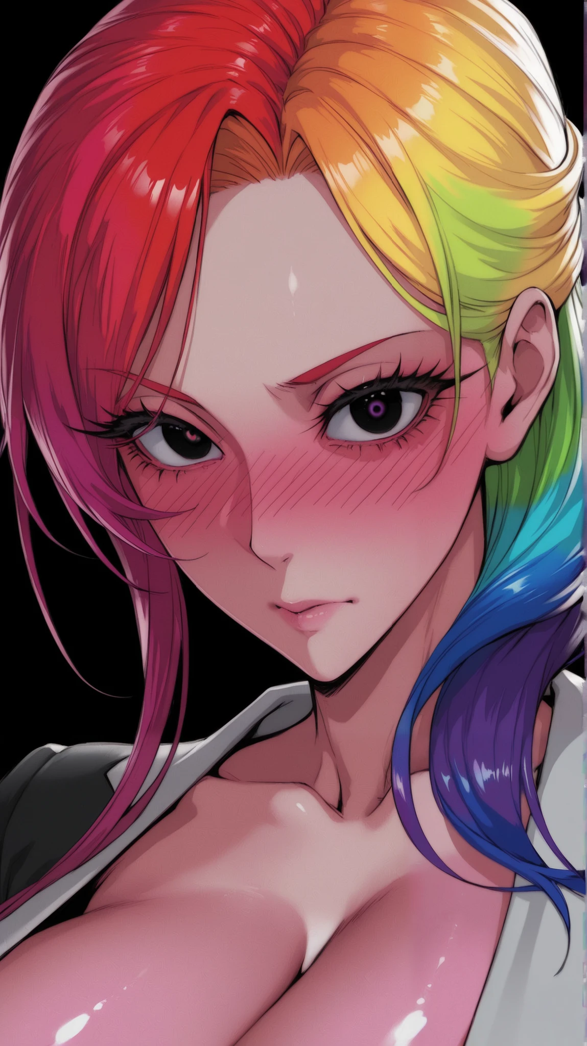 asian high school girl, plunging neckline, rainbow hair, bangs, with colorful eyes and huge eyelashes,  huge breasts, edgy graphic design with a multi neon colored palette, big black eyes, ulzzang, portrait, (anime), manga, sexy, irridescent rainbow Latex, 8ｋ,Highest quality,masterpiece, Sharp focus, solid black background, soft lighting, heavy blushing, 
