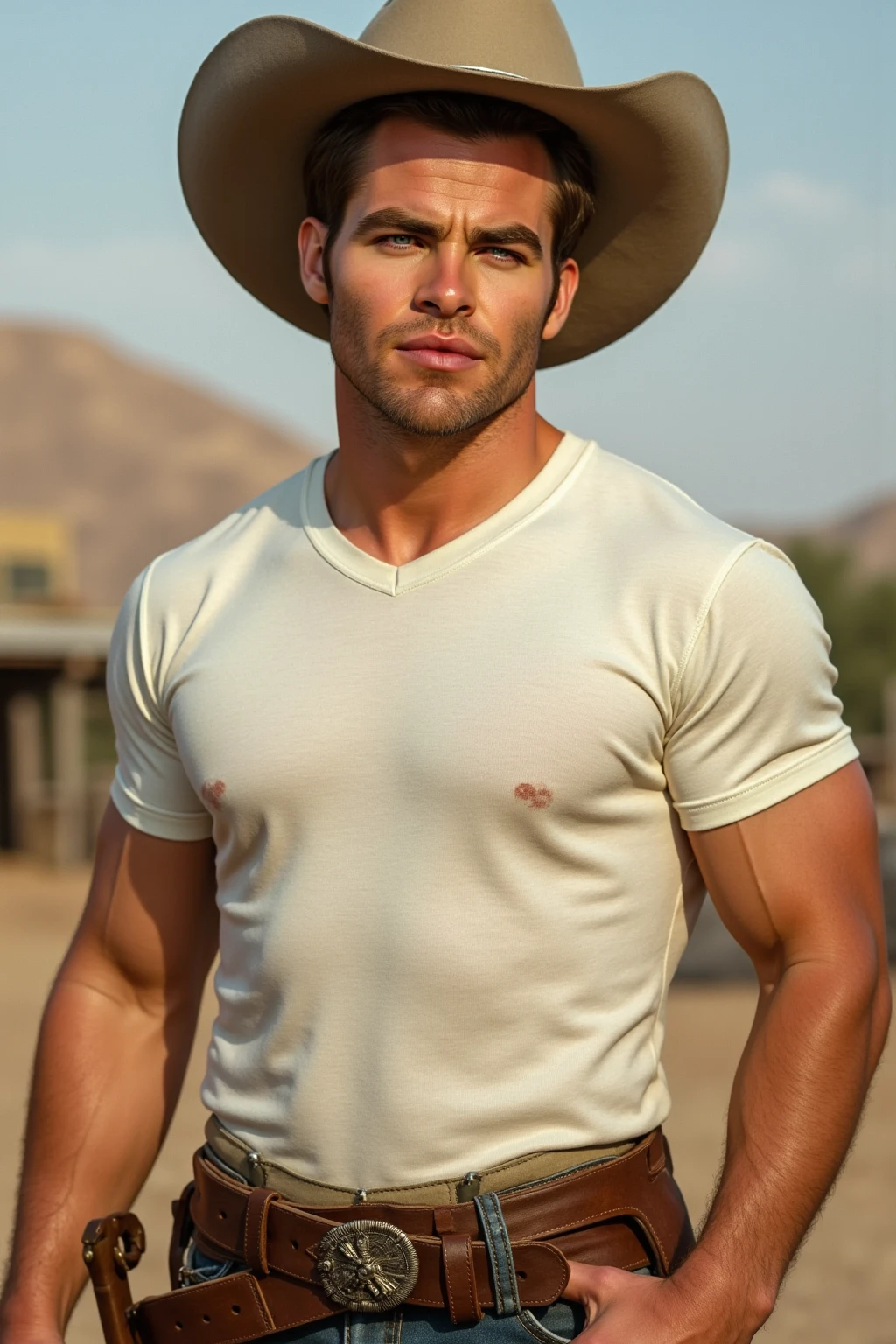 Create a stronger man , white with green eyes and brown hair , wearing a hat and a white t-shirt , in the Cowboy style and being young , very handsome and serious