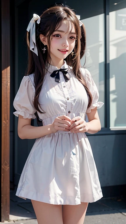 1 Nogizaka Musume、very cute、beautiful girl、19 years old、(gothic  fashion)、beautiful face, Exquisite details of eyes and skin、fine black shiny hair、Classy ruffles、frilled tie、ribbon tie、rose hair accessories、(smile at the camera)、(cowboy shot)、(sea of europe)、professional lighting、break、(realistic、Photoreal:1.37)、8K、(masterpiece)、(highest quality:1.4)、(Super high resolution:1.2)、 (Raw photo:1.2)、(delicate lace、soft fabric、beautiful rose pattern dress)、perfect anatomy、4 fingers and 1 thumb、seaside background、(Wallpaper by Unity 8K)