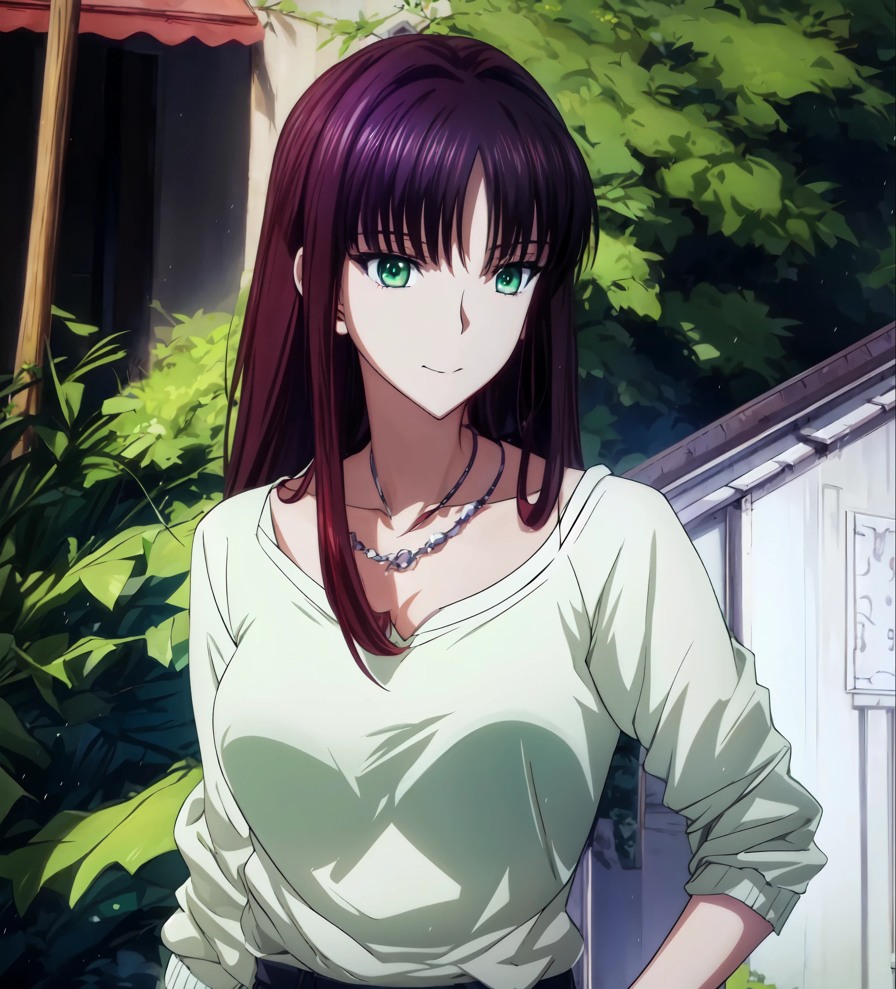 The anime girl with long red hair and green eyes is walking on the sidewalk, Katsuragi Misato, Official anime scene photo , Young Woman Anime Visual , Closeup Rhodiola Rain , Today's Anime Still Special , Chris Maxtin's Gate Anime , Exposed Anus , In anime movies, Official Studio Anime Still Images , green eyes, fuchsia hair