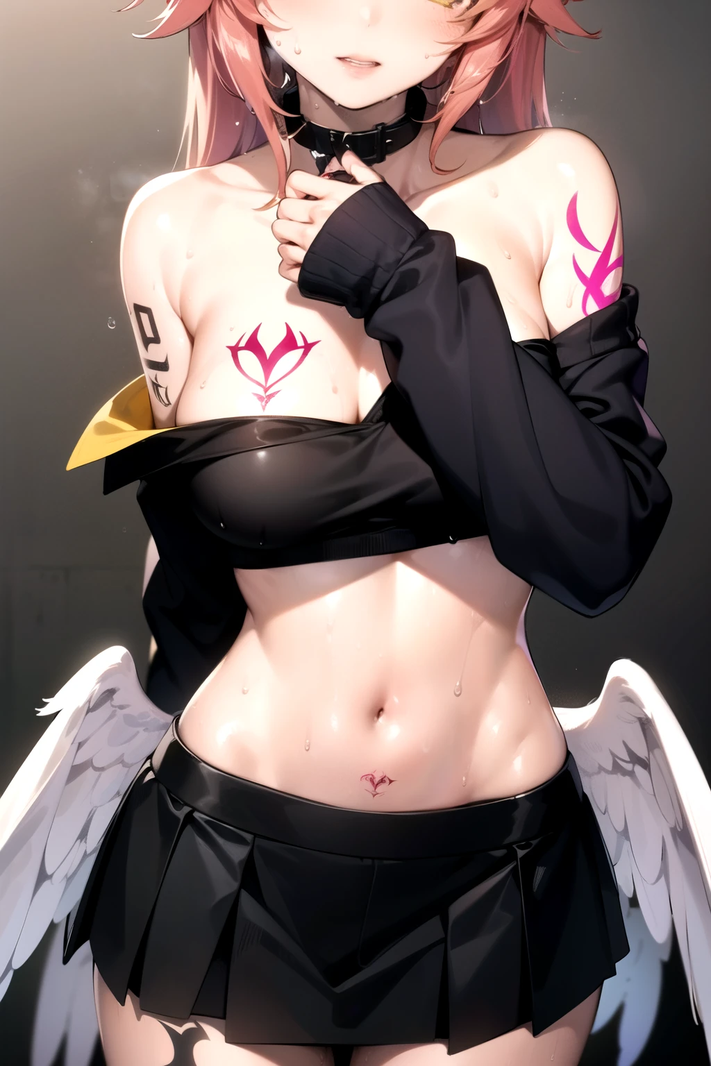 jibril, BREAK jibril, angel, angel wings, collar, animal ears, bird ears, compass rose halo, feathered wings, feathers, gradient hair, halo, long hair, low wings, multicolored hair, pink hair, symbol-shaped pupils, big breast, white wings, wing ears, wings, (yellow eyes:1.5), seductive look, seductive smile, Shiny skin, clothing. Big breast. Sexy, hot, attractive, alluring.
BREAK black thighhighs, zoomed in, cropped face, (off shoulder, Black sweater, midriff, short skirt:1.3), long sleeves , hot. Thigh tattoo, breast tattoos, (sweat:1.7). (Wet:1.3), (Black tattoos:1.6).
BREAK (masterpiece:1.2), best quality, high resolution, unity 8k wallpaper, (illustration:0.8), (beautiful detailed eyes:1.6), extremely detailed face, perfect lighting, extremely detailed CG, (perfect hands, perfect anatomy), narrow eyes.
