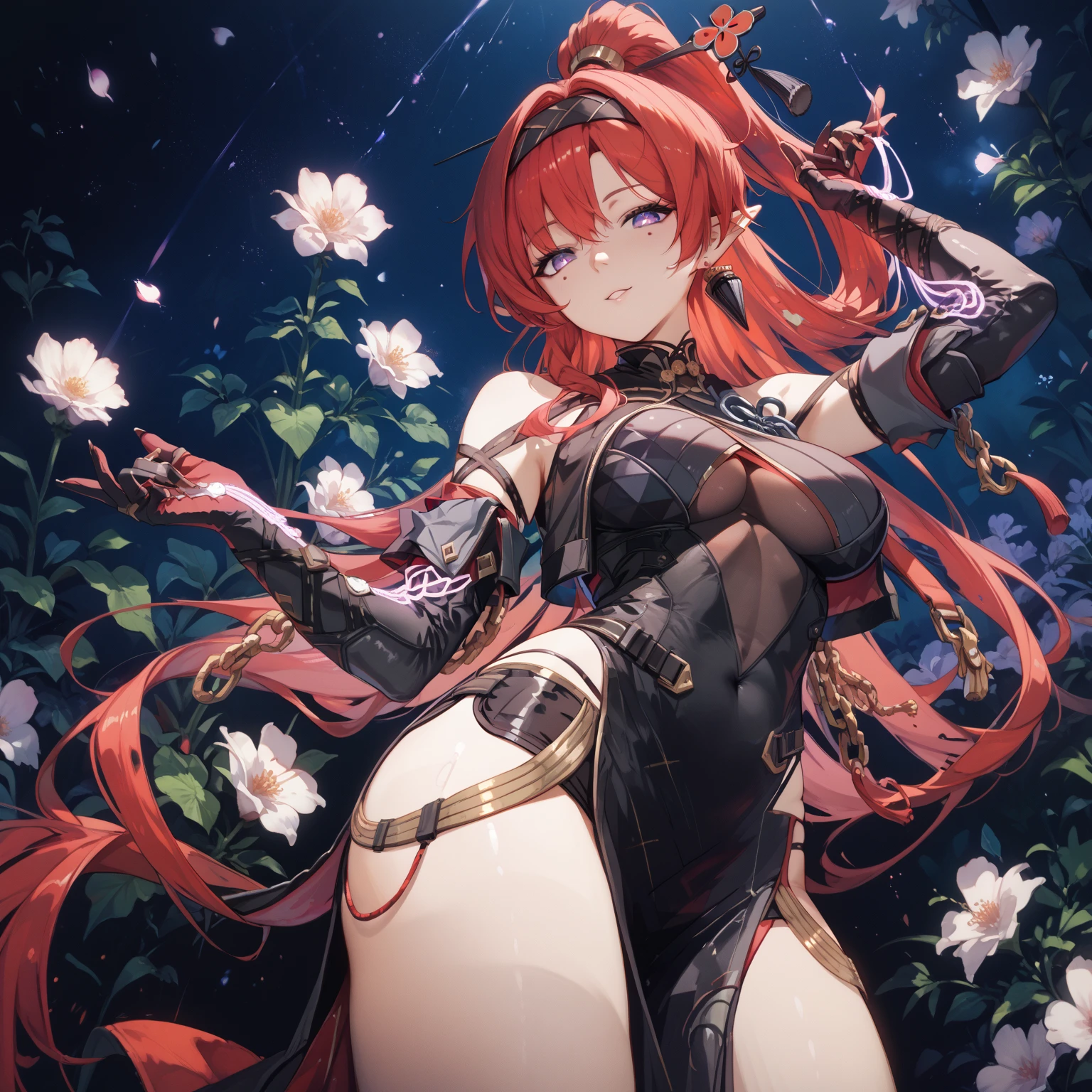 Anime girl, NSFW, 3D art, sitting on the bench, wide spreading legs (wide spread legs), visible panties, 1 girl (solo), hourglass figure, looking at viewer, shy face, blush face, long hair, red hair, purple eyes, park (trees, grass, bench), wearing a black lace bra, wearing a black lace lingerie, wearing a usual black tights, wearing a usual black garter belt, ultra resolution, high detailed, a Head with good anatomy, a body with good anatomy, a hands with good anatomy, a legs with good anatomy, well drawn navel, open navel (visible navel), full body view, visible legs, big size chest (big size boobs),