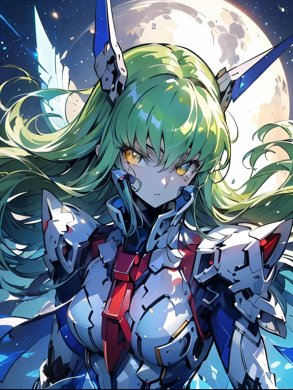 high resolution pictures, masterpiece, best quality , Amazing Quality , reasonable design , ((Clear lines)), break, (1 Girl), Armor covering the whole body , ( color scheme based on white , Blue shining wings , modeling with an angel motif), flying unit,((Blue energy wing)), Wings of Light, White skirt armor, (blue contrast, booster), break, Outdoors, Midwinter, Night Sky, (White Moon, Countless Stars), Aerial, fluttering in the sky, rising toward the sky , excitement , flying pause, cool expression, (Cold Eyes, Sharp Eyes), break, (c.c., bangs, green hair, long hair, yellow eyes), Gundam girl, mecha musume, robot, gundam, mecha, bodysuit, fortified suit, mechanical parts, (robot joints, Shining green , Beautiful light), (headgear, full face, translucent eye cover , Armor covering the mouth , blue attachment), full armor, break, Reflect the whole body, excitement , anime touch