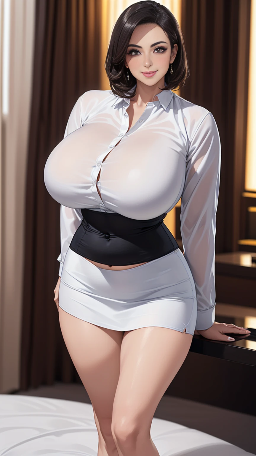 (masterpiece:1.2, highest quality), (highly detailed face, real image, delicate skin tone realistic skin, realistic body,woman1,Authentic nudes with intricate details, bright silver hair,Fluffy shorthair,messy hair,(((luxury dress clothes))),boyish,Standing position,shot from below,fascination pose,long eyelashes,expensive,huge cleavage,big bust,huge nipples,big hips, thick chest plate, beautiful feet, and a thin waist,pussy,clearware,whiten skin,high heels