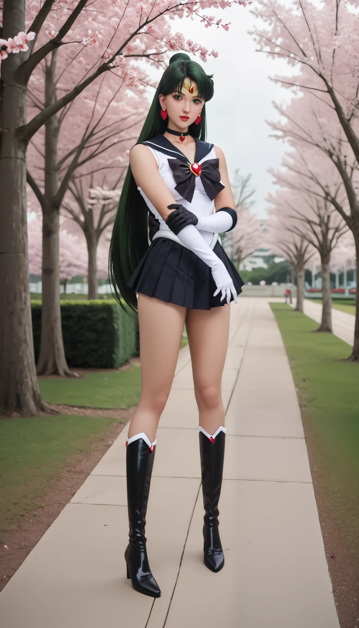 zPDXLrl, score_9, score_8_and_above, score_7_and_above, explicit ranking, masterpiece, best quality, ultra HD quality details, realistic, 1girl, Sailor Pluto (セーラープルート, Sērā Purūto), large breasts, firm breasts, large buttocks and hips, large thighs, long hair (((super long hair down to the knees))), straight hair, hair accessories, green hair, parted bangs, green eyes, ribbons, brooches, choker necklace, earrings, elbow gloves, gloves, heart brooch, dark red brooch, magical girl, dark brown ribbon, black choker necklace, sailor collar, black skirt, underwear, white underwear, pleated skirt, black sailor collar, sailor senshi uniform, skirt, stud earrings, super mini skirt, white gloves, long boots, black boots, black gloves at the end, full body, long shot, in the park, garden path, cherry blossom trees ((on both sides of the path)), daytime, overcast weather.