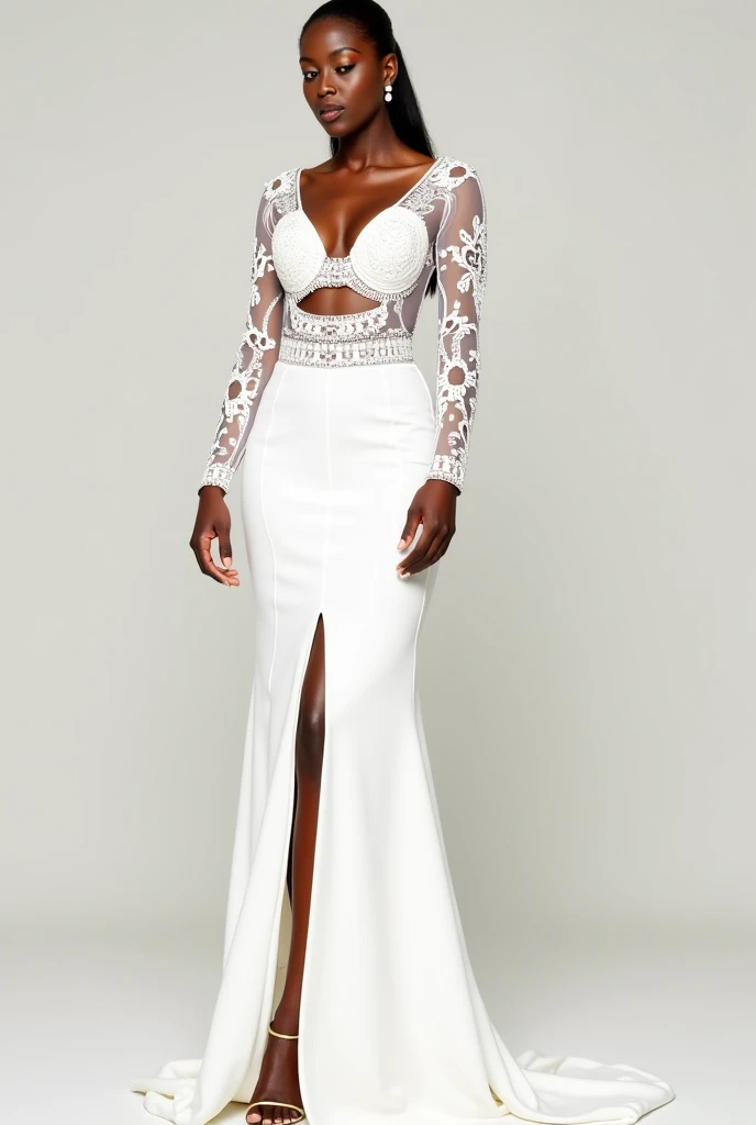 A tall thin black woman with brown hair in two braids, one on each side. wearing a turtleneck dress, long with silver stones and silver graduation. Bare shoulders and arms. The dress must be long The dress must be silver sparkles. Shiny with stones. And in the middle of the neckline there should be a diamond-shaped neckline.. The model can be black or brown. The braids must be more elegant., as if they were going to graduation