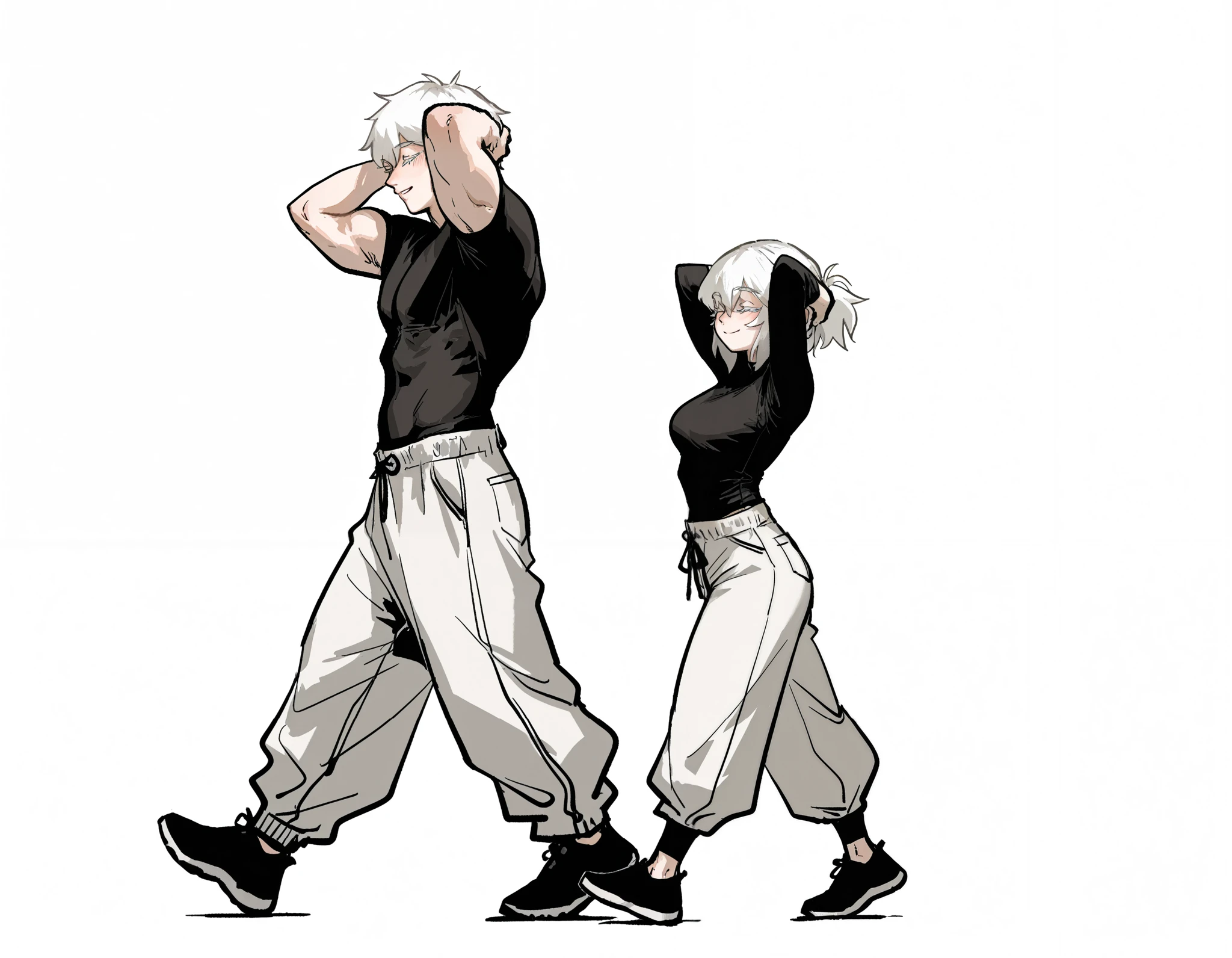 by gogalking, (by na tarapisu123:0.8), (by ironlily:0.9), (by umikochannart:0.8), 1boy, man, mature, white hair, hair between eyes, closed eyes, white eyelashes, colored eyelashes, smile, hands behind head, black shirt, tight shirt, baggy pants, white pants, muscular, from side, zoom out, walking, full body, white background, simple background, masterpiece, best quality, amazing quality, very aesthetic, high resolution