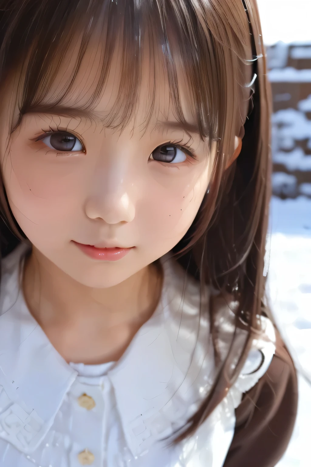 (masterpiece、 best quality 、 super detailed description 、 super high definition)、( face shot closeup:1.4)、 girl 、solo、((small chest))、 is cute 、 idol face、simple snow background、Stand with your back against a wall、 front close、( straddling the Shota:1.4)