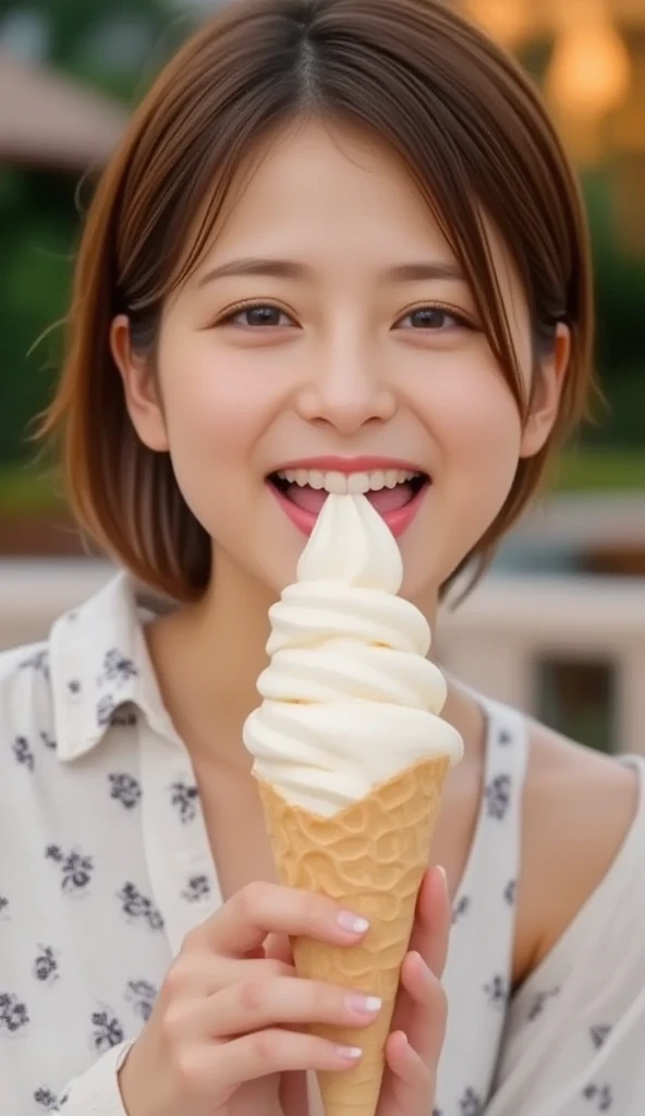 highest quality、8k、masterpiece、Ultra-high resolution、クリアなphotograph、リアルなphotograph、Realistic、Professional Lighting、Natural light、photograph、Very cute girl、The cutest Erina Mano、Licking soft serve ice cream:1.8、Apply cream to face:1.6、Apply white cream to cheeks:1.6、Face close-up