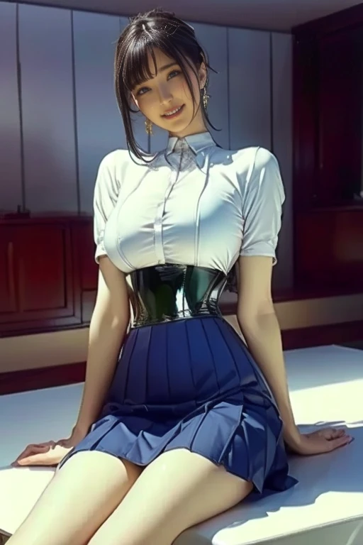 (masterpiece:1.3), (8k, Realistic, RAW Photos, Best image quality: 1.4), Japanese, (1 girl), Beautiful Face, (A vivid face), (short hair:1.3), Beautiful Hairstyles, Realistic eyes, Beautiful Eyes, (Realistic Skin), Beautiful Skin, charm,Big Breasts、School、(Shooting from a distance、Beautiful legs、whole body:1.7)、(Look at this、He turned his body towards me.、front、forward leaning posture、munechira:1.3)、(The bra is slightly visible、Brasilia:1.3)、(White shirtを着ている、Round Neck Shirt、A shirt with a slightly open chest、White short sleeve shirt、White shirt:1.8)、(Cleavage:1.2),smile、smile、Beautiful fingers先、(Japanese オフィス lady,beauty:1.5)、(Black spats、White shirt、Tight shirt、Clothing that emphasizes your body line),(The edge of the bra is slightly visible、Exposed breasts:1.3)、(Hospital room、hospital、Health Room:1.2)、(女子high school student、high school girl、high school student、Wearing a high school uniform:1.4),(Unbutton your blouse、White shirt、White collared shirt,Cleavage、Teal and grey checked skirt、Fine plaid、The bra is slightly visible:1.7),(Lace bra、Wear a skirt made of material other than lace、レース素材ではないWear a shirt:1.5)、Sitting、(I can see your pants、Lace panties、I can see your crotch:1.6)、Anatomically correct、(Wear a shirt、Wearing a pleated skirt:1.8)、(Put on a shirt、Tucking the shirt into the skirt:1.3)、(Anatomically correct手の構造、Anatomically correct指の構造、Delicate fingers、Beautiful fingers、Delicate fingers)、(White shirtを着て、White collar shirt、White Sleeve Shirt:1.5)、Well-proportioned face、cute、beauty、good looking、Balanced