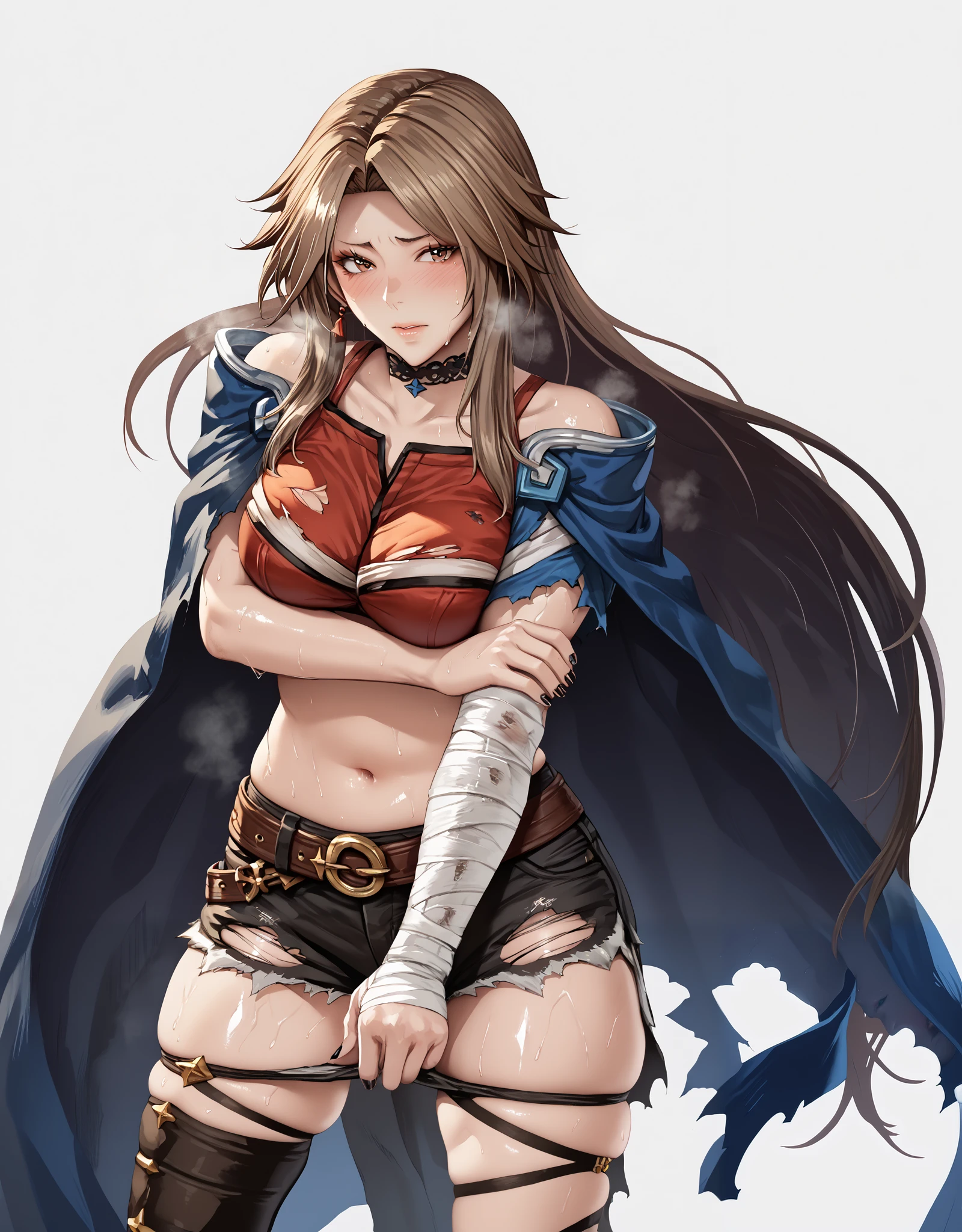 (harayutaka art style:0.7), score_9, score_8_up, score_7_up, score_6_up, uncensored, katalina \(granblue fantasy\), long hair, parted bangs, brown hair, brown eyes, sweating, BREAK (masterpiece:1.2), best quality, high resolution, (detailed eyes:1.3), perfect lighting, (perfect hands, perfect anatomy), looking at viewer, 1girl, bandages, solo, bandaged_arm, choker, breasts, black_choker, collarbone, torn_clothes, navel, torn_shorts, looking_at_viewer, embarrassed, blush face, 