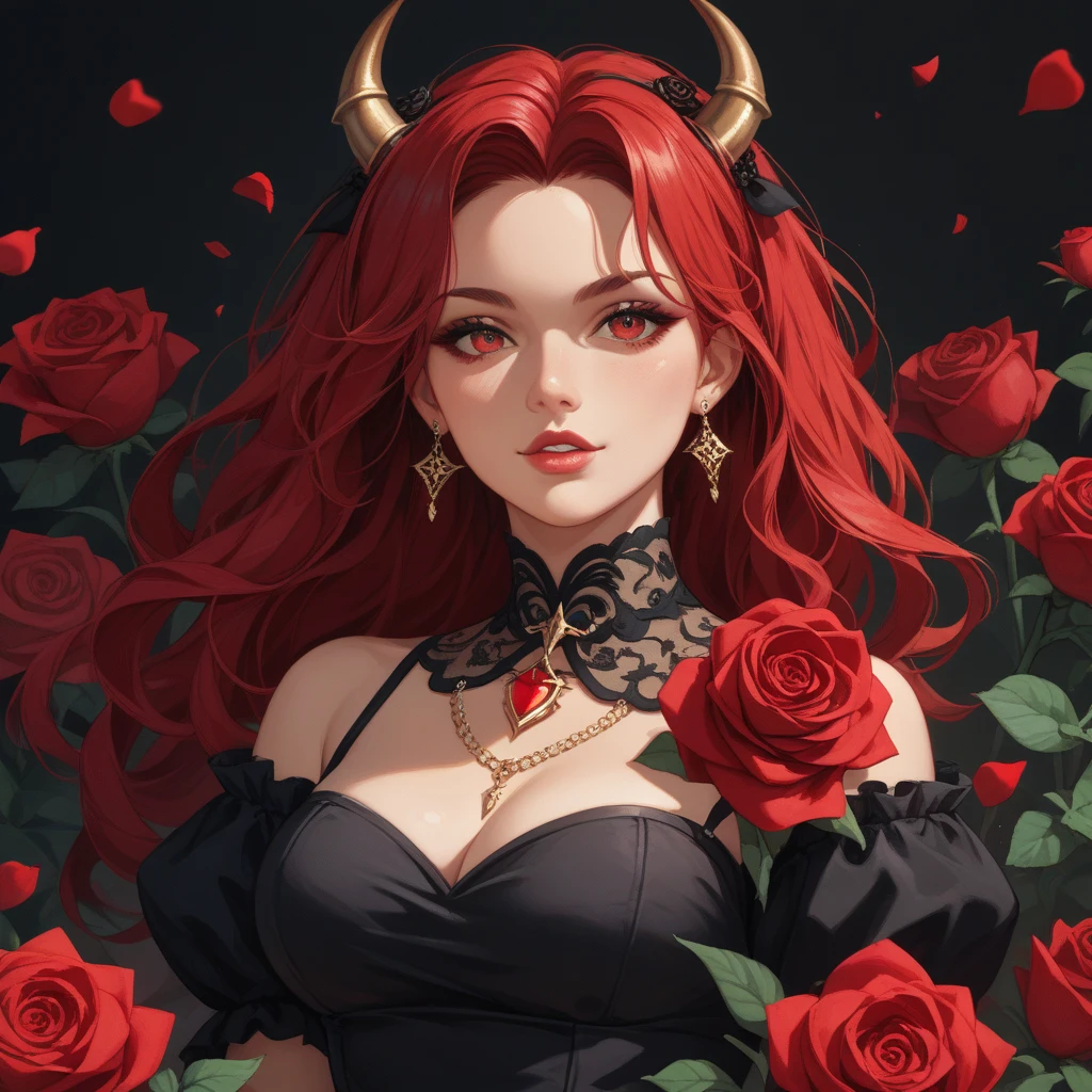 ((beste Qualität)), ((Meisterwerk)), (ausführlich), Beautiful joung woman, Bright red hair, black horns, Succubus, big eyes, big Breasts, long hair, (Chic Lace V Neck Cami Dress, Elegant Sleeveless Bodycon Dress for Club & Party, Women's Clothing), Elves hören, hyper-detailed, ultra-realistic, 8k, cold eyes, Bit Sewing Picture, make up, tattoos, (Background Luxury bed with roses